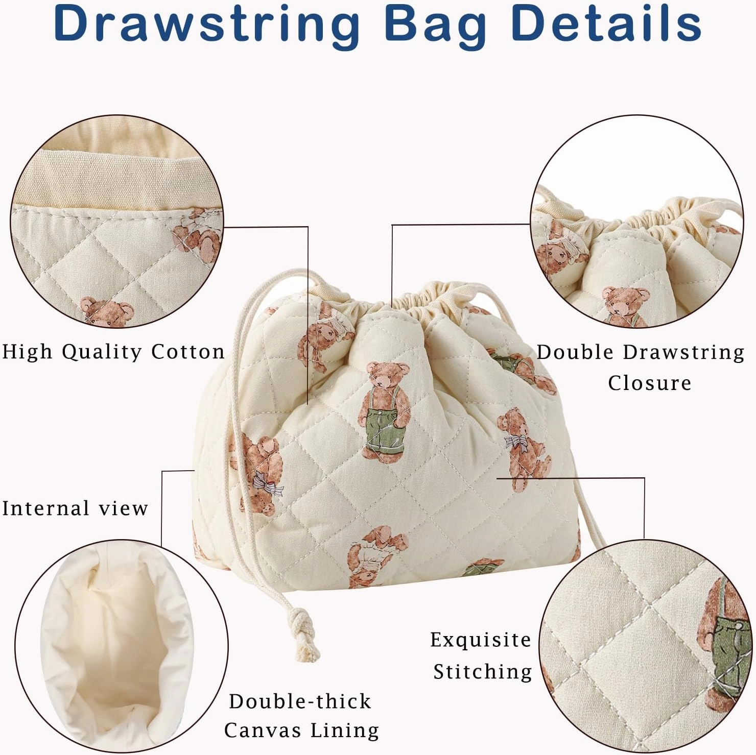 3Pcs Aesthetic Cotton Quilted Drawstring Makeup Bag Set, Aesthetic Cute Bow Makeup Pouch for Girls and Women, Aesthetic Travel Organized Cosmetic Bags for Purse(01Bear)