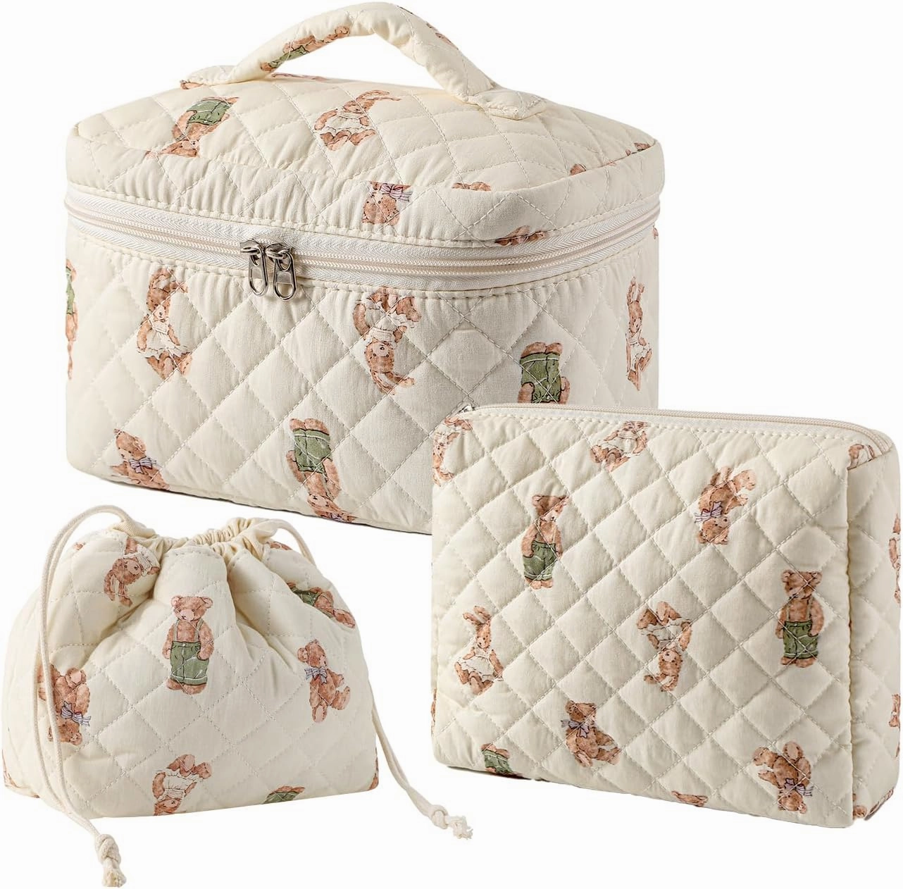 3Pcs Aesthetic Cotton Quilted Drawstring Makeup Bag Set, Aesthetic Cute Bow Makeup Pouch for Girls and Women, Aesthetic Travel Organized Cosmetic Bags for Purse(01Bear)