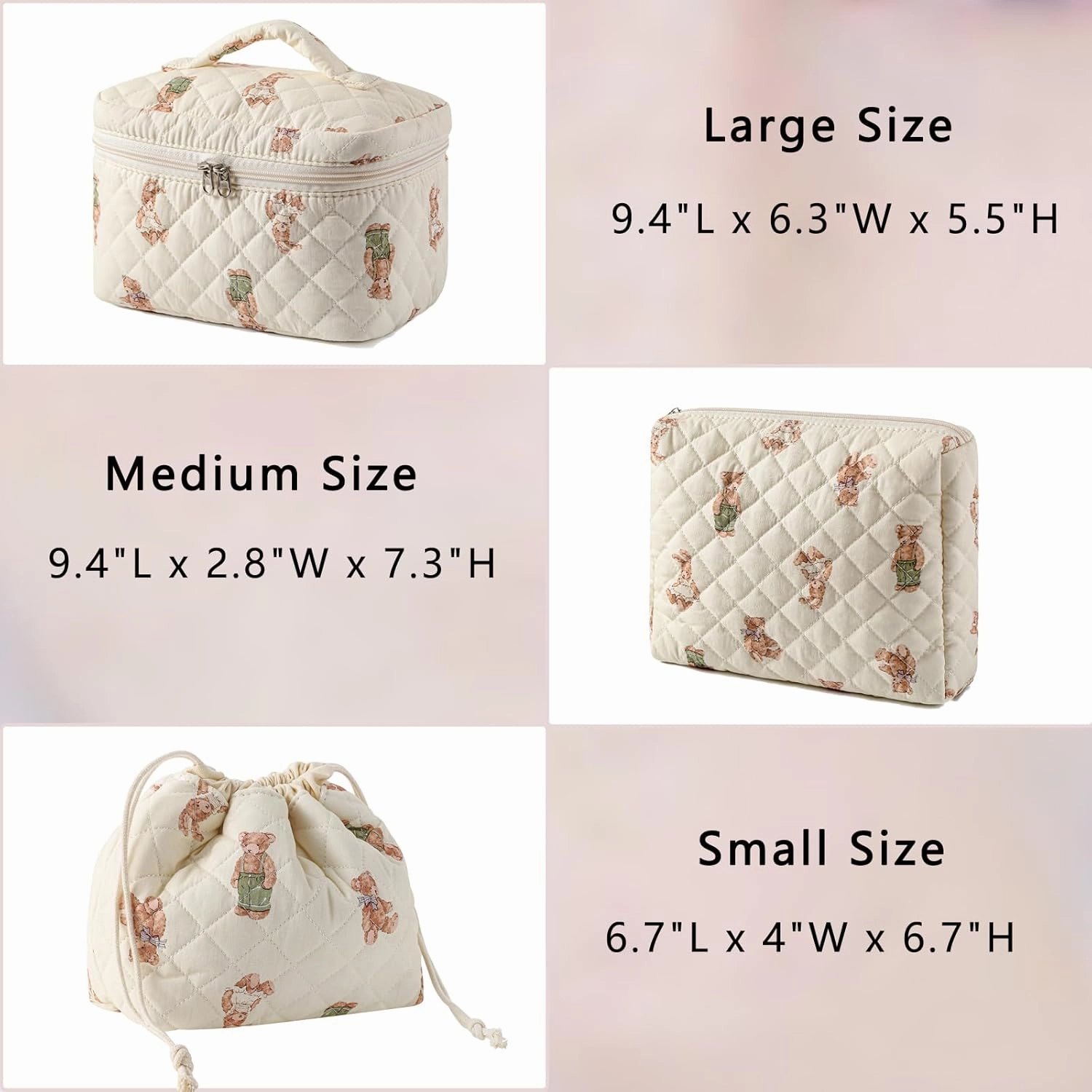 3Pcs Aesthetic Cotton Quilted Drawstring Makeup Bag Set, Aesthetic Cute Bow Makeup Pouch for Girls and Women, Aesthetic Travel Organized Cosmetic Bags for Purse(01Bear)