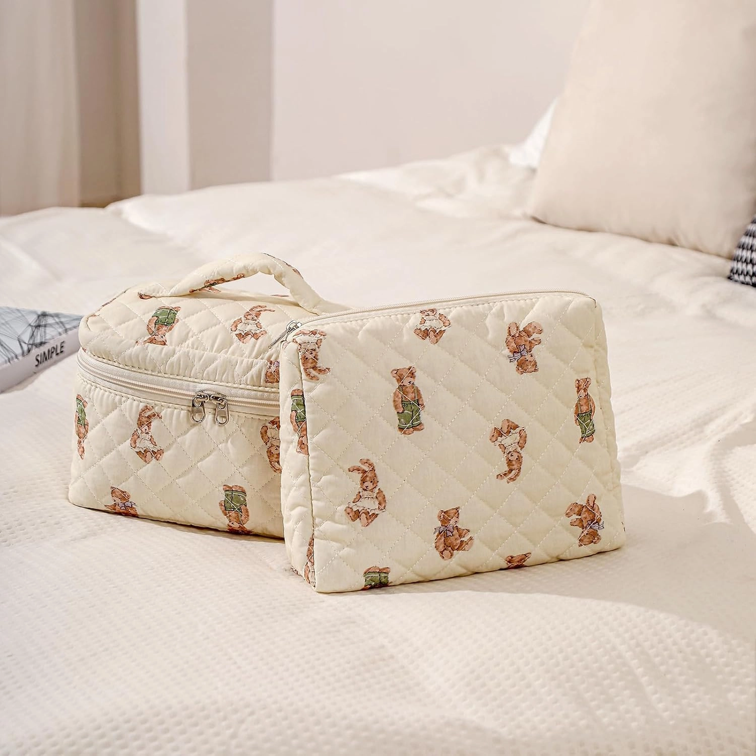 3Pcs Aesthetic Cotton Quilted Drawstring Makeup Bag Set, Aesthetic Cute Bow Makeup Pouch for Girls and Women, Aesthetic Travel Organized Cosmetic Bags for Purse(01Bear)