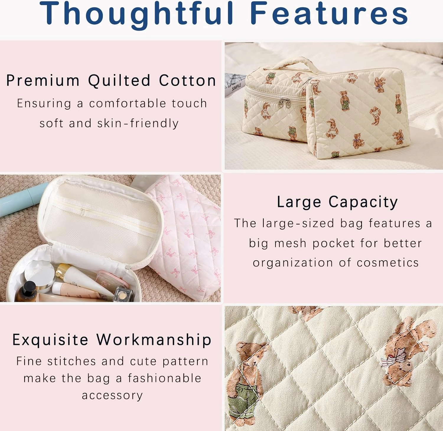 3Pcs Aesthetic Cotton Quilted Drawstring Makeup Bag Set, Aesthetic Cute Bow Makeup Pouch for Girls and Women, Aesthetic Travel Organized Cosmetic Bags for Purse(01Bear)