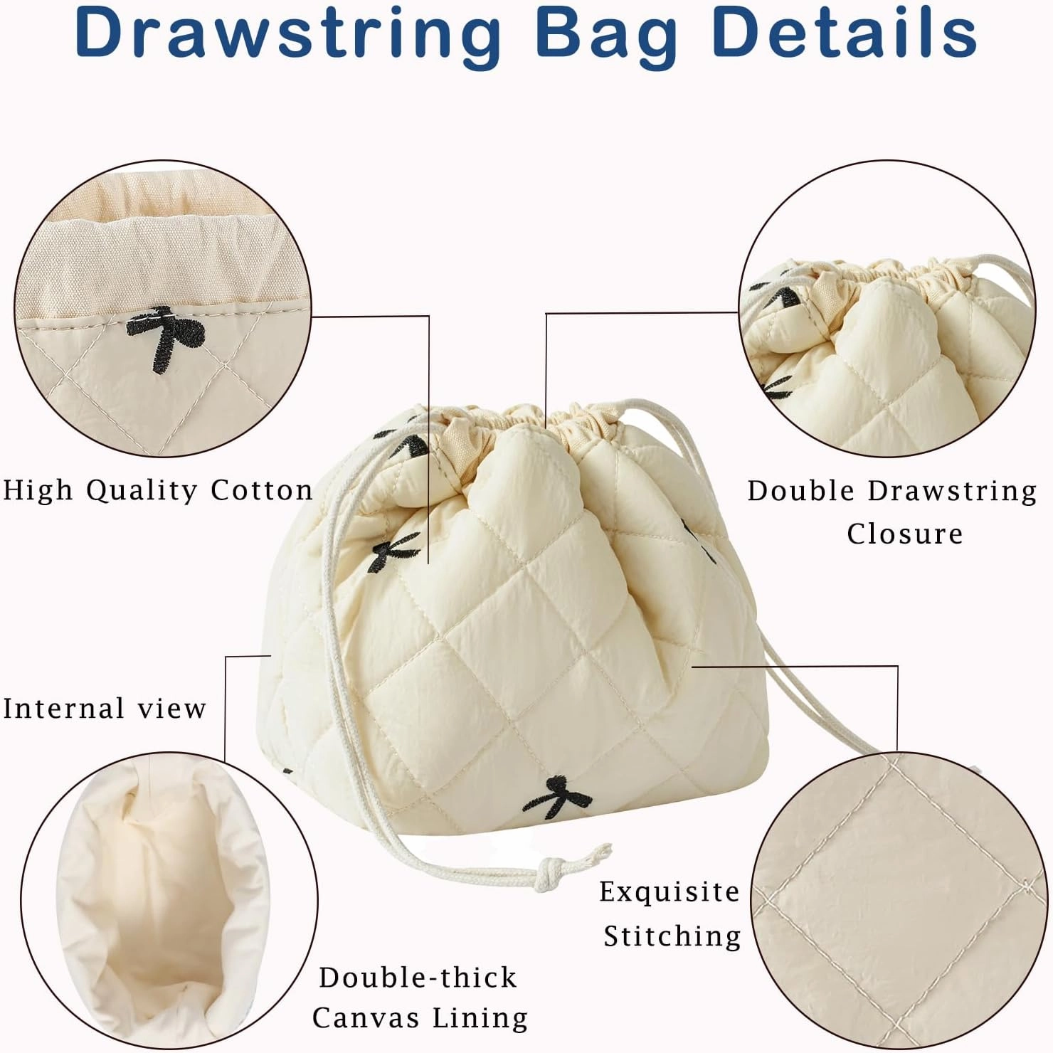 3Pcs Aesthetic Cotton Quilted Drawstring Makeup Bag Set, Aesthetic Cute Bow Makeup Pouch for Girls and Women, Aesthetic Travel Organized Cosmetic Bags for Purse(04Beige Bow)
