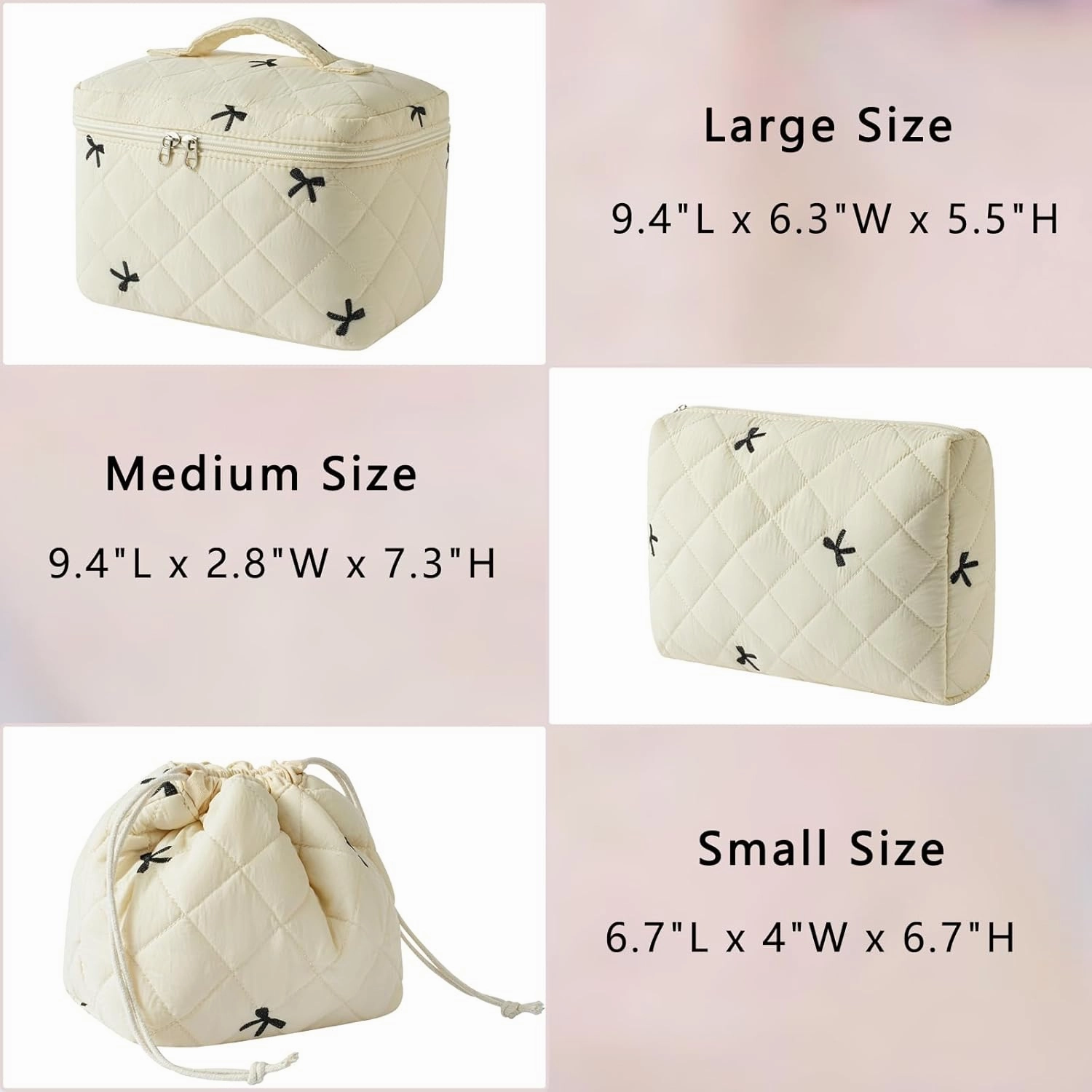 3Pcs Aesthetic Cotton Quilted Drawstring Makeup Bag Set, Aesthetic Cute Bow Makeup Pouch for Girls and Women, Aesthetic Travel Organized Cosmetic Bags for Purse(04Beige Bow)
