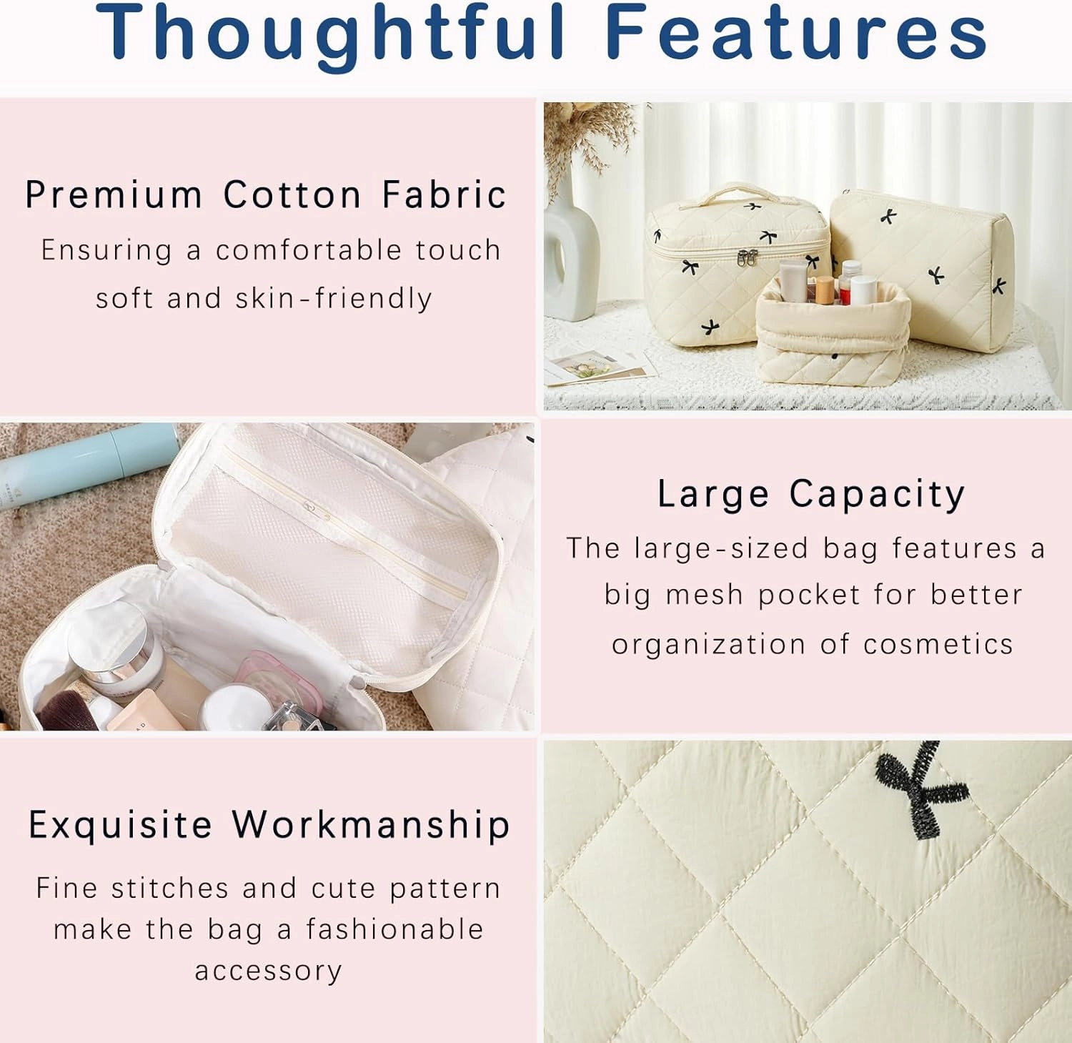 3Pcs Aesthetic Cotton Quilted Drawstring Makeup Bag Set, Aesthetic Cute Bow Makeup Pouch for Girls and Women, Aesthetic Travel Organized Cosmetic Bags for Purse(04Beige Bow)