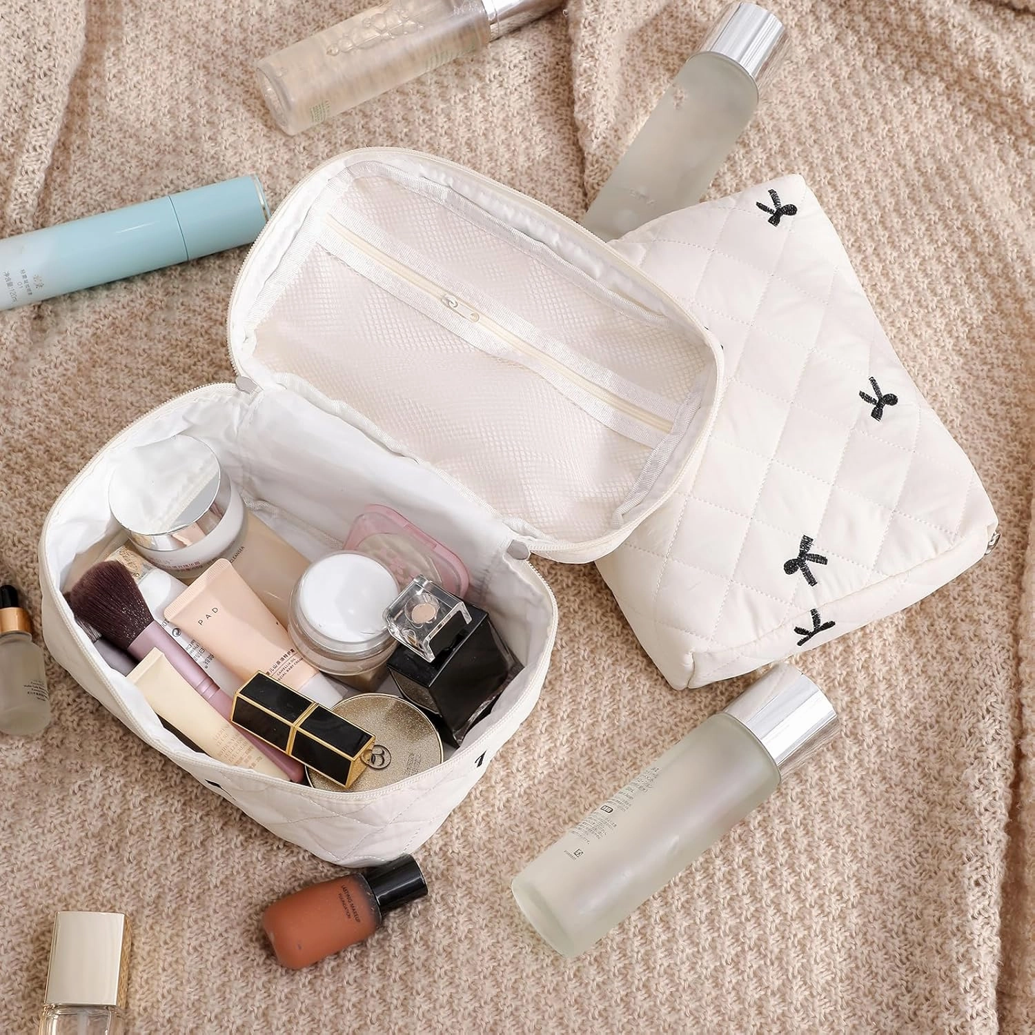 3Pcs Aesthetic Cotton Quilted Drawstring Makeup Bag Set, Aesthetic Cute Bow Makeup Pouch for Girls and Women, Aesthetic Travel Organized Cosmetic Bags for Purse(05Black Bow)