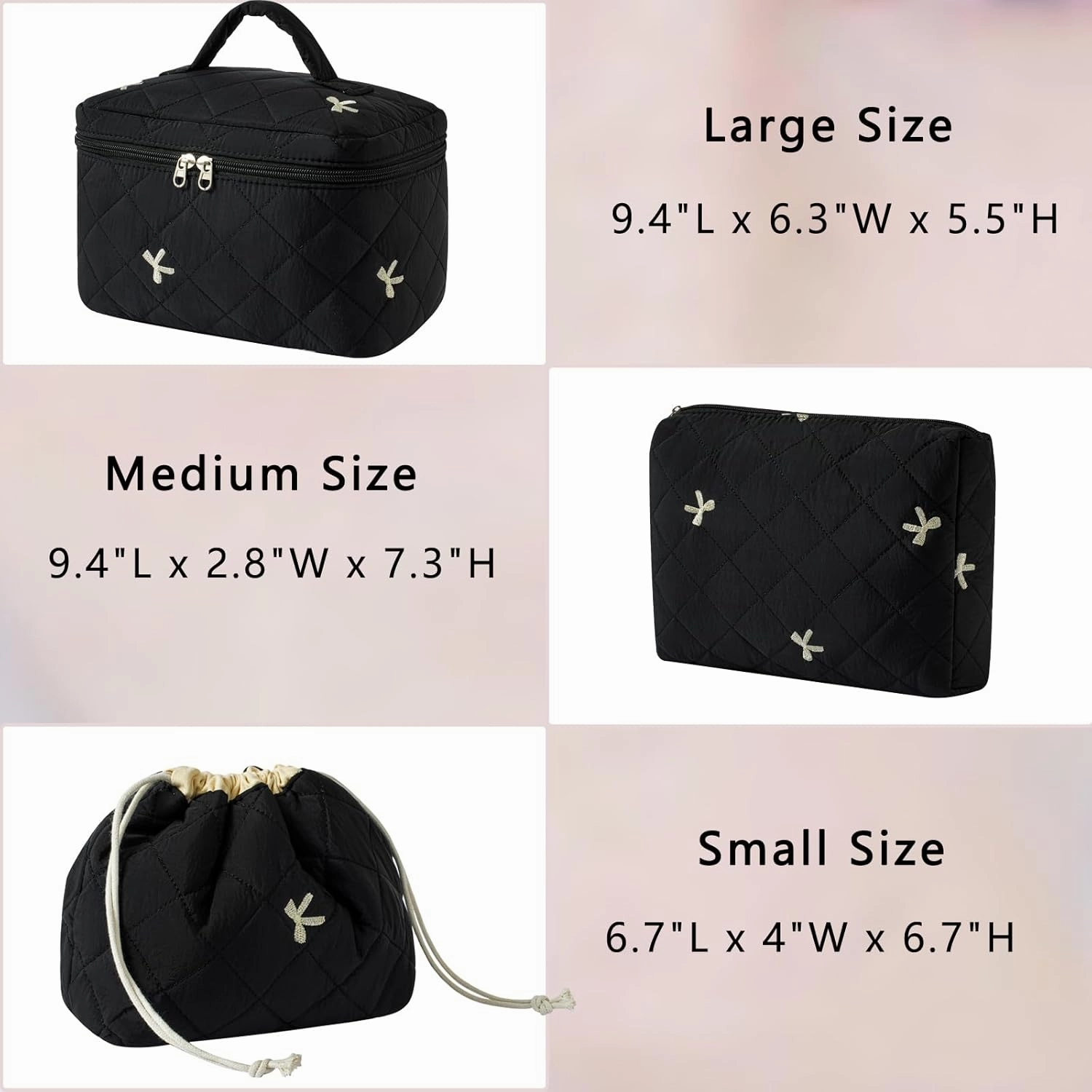 3Pcs Aesthetic Cotton Quilted Drawstring Makeup Bag Set, Aesthetic Cute Bow Makeup Pouch for Girls and Women, Aesthetic Travel Organized Cosmetic Bags for Purse(05Black Bow)