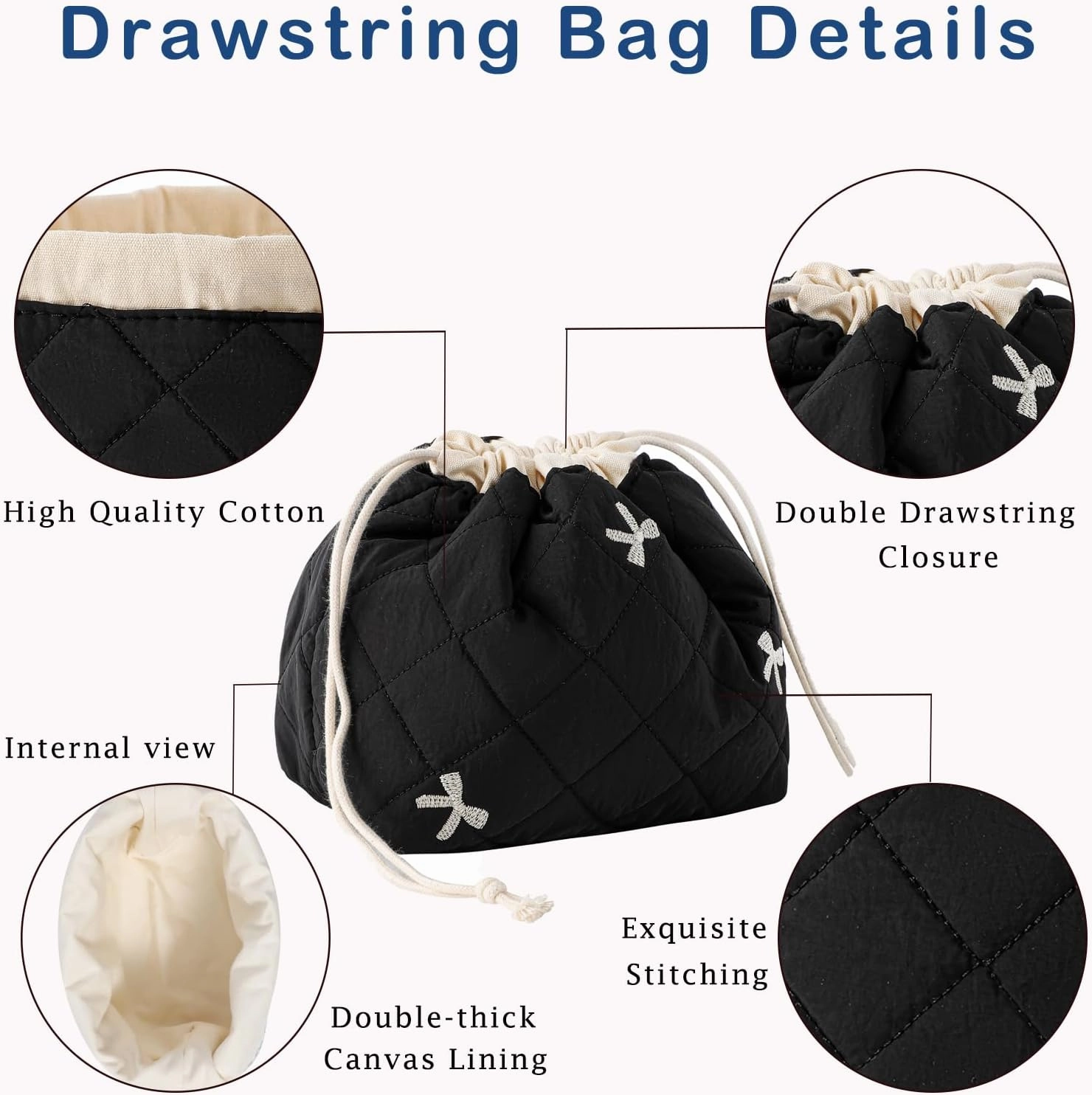 3Pcs Aesthetic Cotton Quilted Drawstring Makeup Bag Set, Aesthetic Cute Bow Makeup Pouch for Girls and Women, Aesthetic Travel Organized Cosmetic Bags for Purse(05Black Bow)