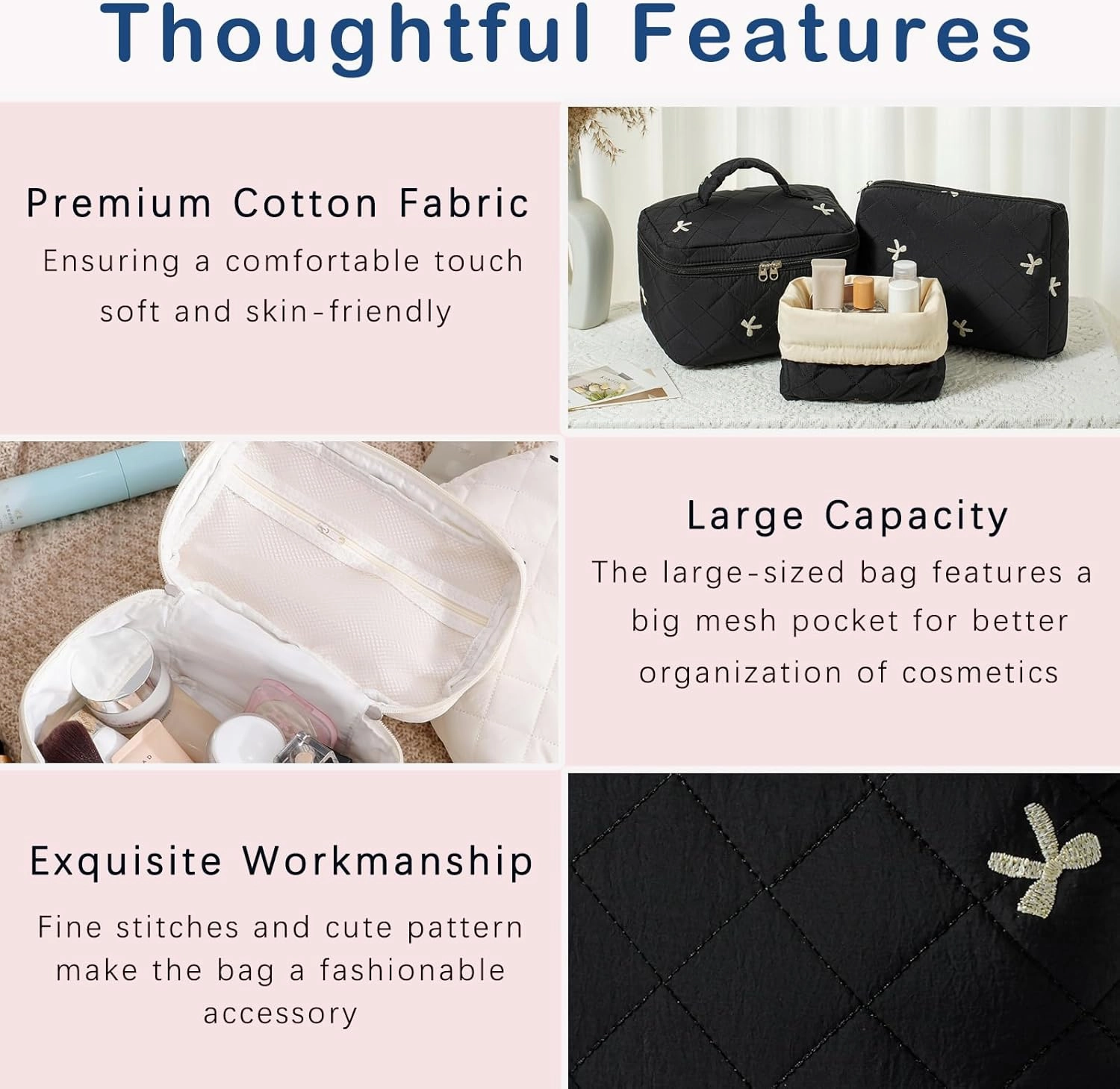 3Pcs Aesthetic Cotton Quilted Drawstring Makeup Bag Set, Aesthetic Cute Bow Makeup Pouch for Girls and Women, Aesthetic Travel Organized Cosmetic Bags for Purse(05Black Bow)