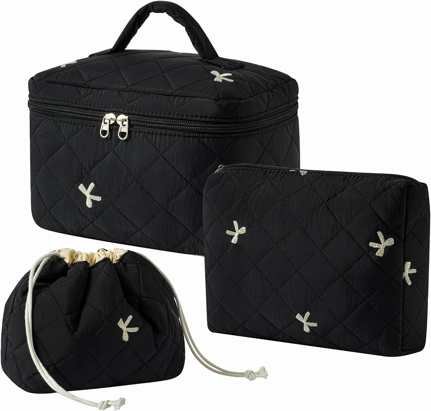 3Pcs Aesthetic Cotton Quilted Drawstring Makeup Bag Set, Aesthetic Cute Bow Makeup Pouch for Girls and Women, Aesthetic Travel Organized Cosmetic Bags for Purse(05Black Bow)