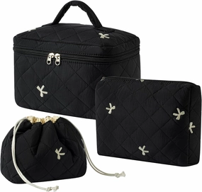 3Pcs Aesthetic Cotton Quilted Drawstring Makeup Bag Set, Aesthetic Cute Bow Makeup Pouch for Girls and Women, Aesthetic Travel Organized Cosmetic Bags for Purse(05Black Bow)