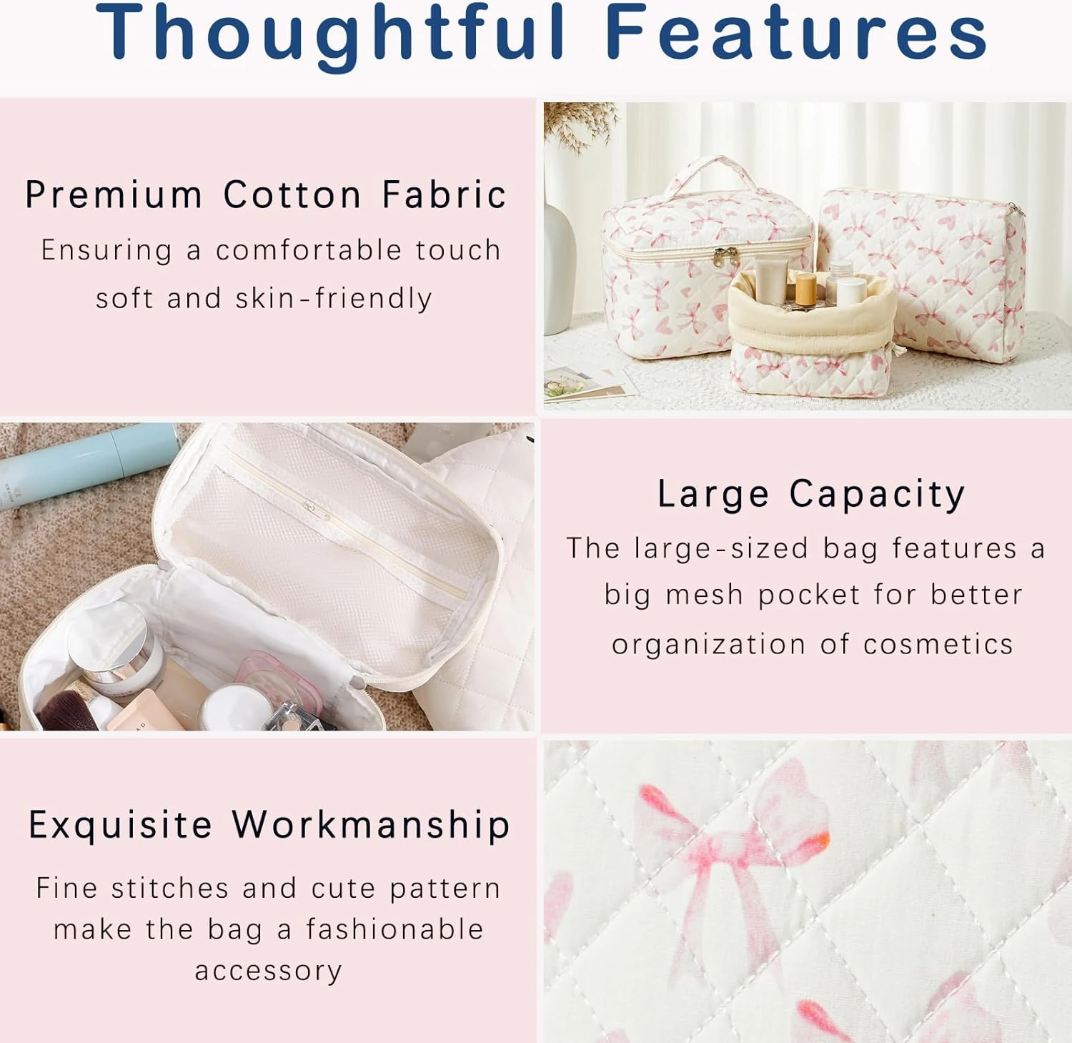 3Pcs Aesthetic Cotton Quilted Drawstring Makeup Bag Set, Aesthetic Cute Bow Makeup Pouch for Girls and Women, Aesthetic Travel Organized Cosmetic Bags for Purse(06Heart Bow)