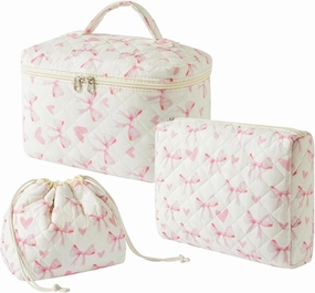 3Pcs Aesthetic Cotton Quilted Drawstring Makeup Bag Set, Aesthetic Cute Bow Makeup Pouch for Girls and Women, Aesthetic Travel Organized Cosmetic Bags for Purse(06Heart Bow)