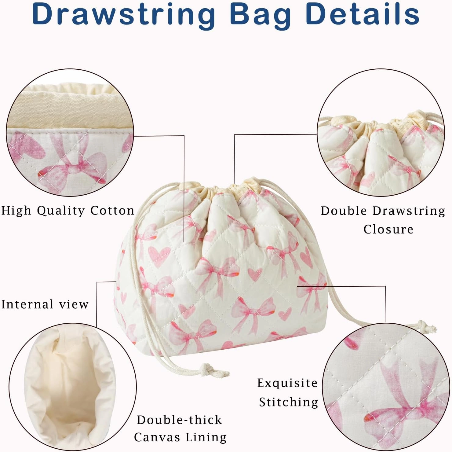 3Pcs Aesthetic Cotton Quilted Drawstring Makeup Bag Set, Aesthetic Cute Bow Makeup Pouch for Girls and Women, Aesthetic Travel Organized Cosmetic Bags for Purse(06Heart Bow)