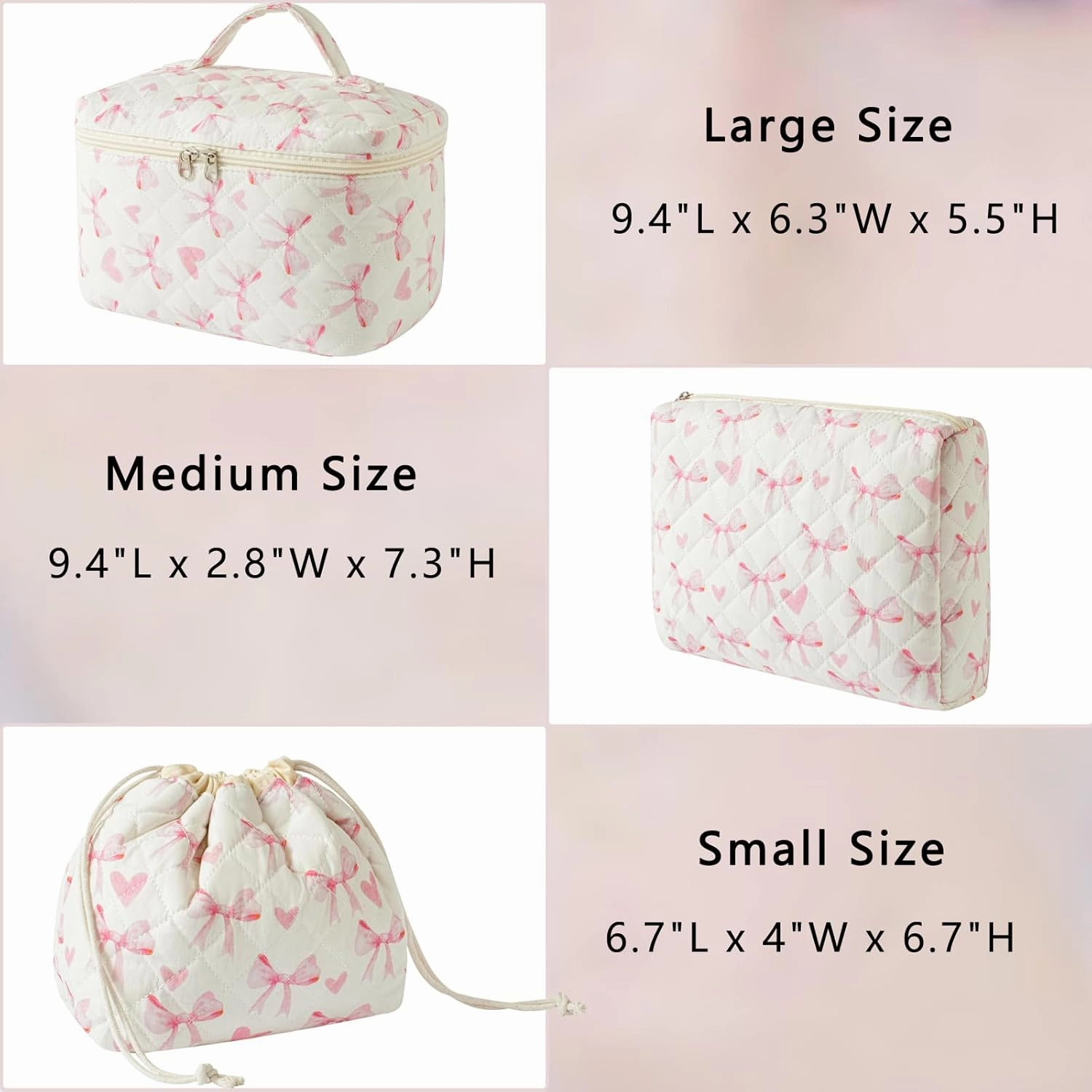 3Pcs Aesthetic Cotton Quilted Drawstring Makeup Bag Set, Aesthetic Cute Bow Makeup Pouch for Girls and Women, Aesthetic Travel Organized Cosmetic Bags for Purse(06Heart Bow)