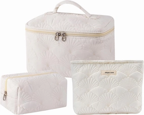 3Pcs Quilted Cotton Coquette Makeup bag, Coastal Granddaughter Aesthetic Cosmetic Bag, Cute Seashell Portable Travel Toiletry Pouch (08 3Pcs White)