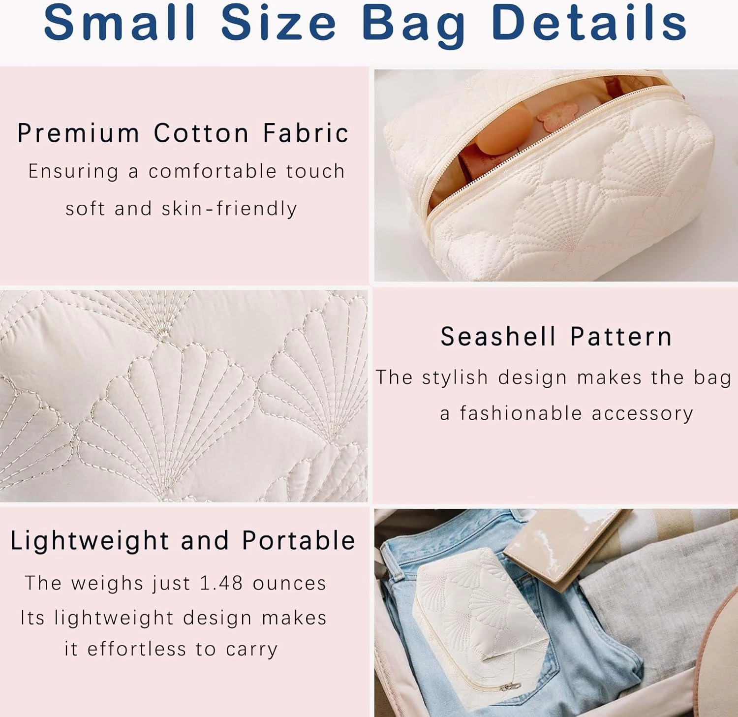 3Pcs Quilted Cotton Coquette Makeup bag, Coastal Granddaughter Aesthetic Cosmetic Bag, Cute Seashell Portable Travel Toiletry Pouch (08 3Pcs White)