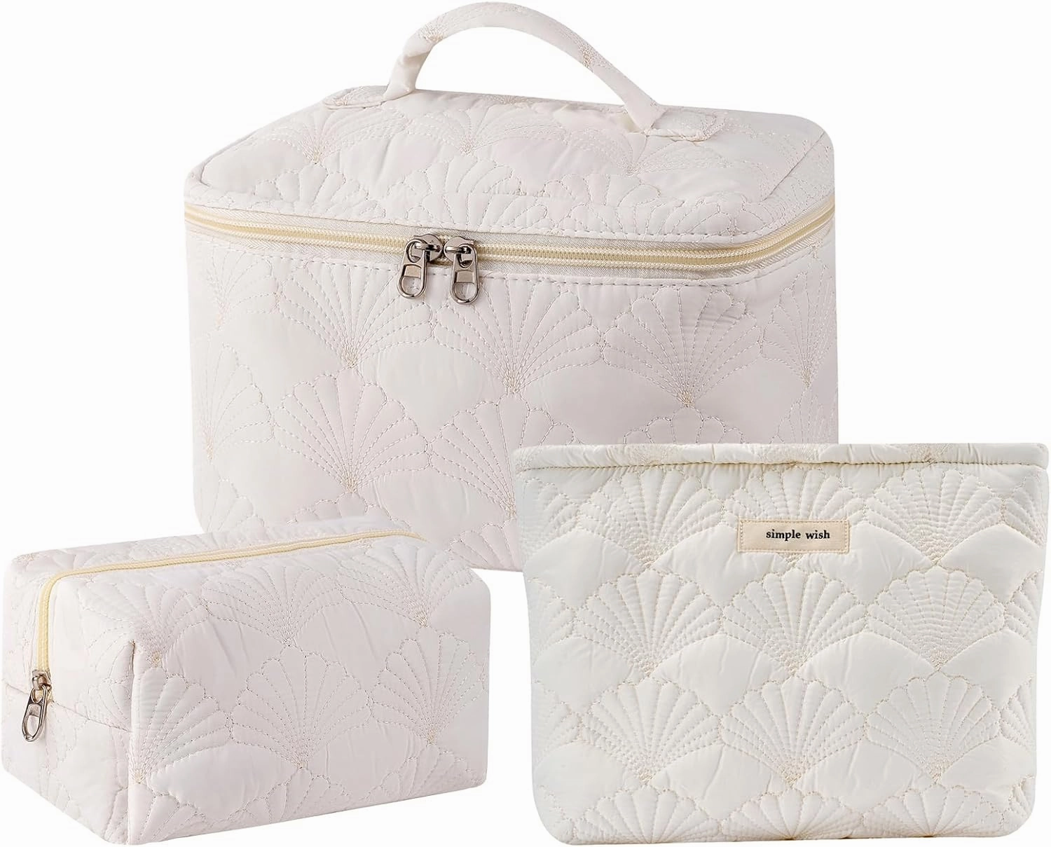 3Pcs Quilted Cotton Coquette Makeup bag, Coastal Granddaughter Aesthetic Cosmetic Bag, Cute Seashell Portable Travel Toiletry Pouch (08 3Pcs White)