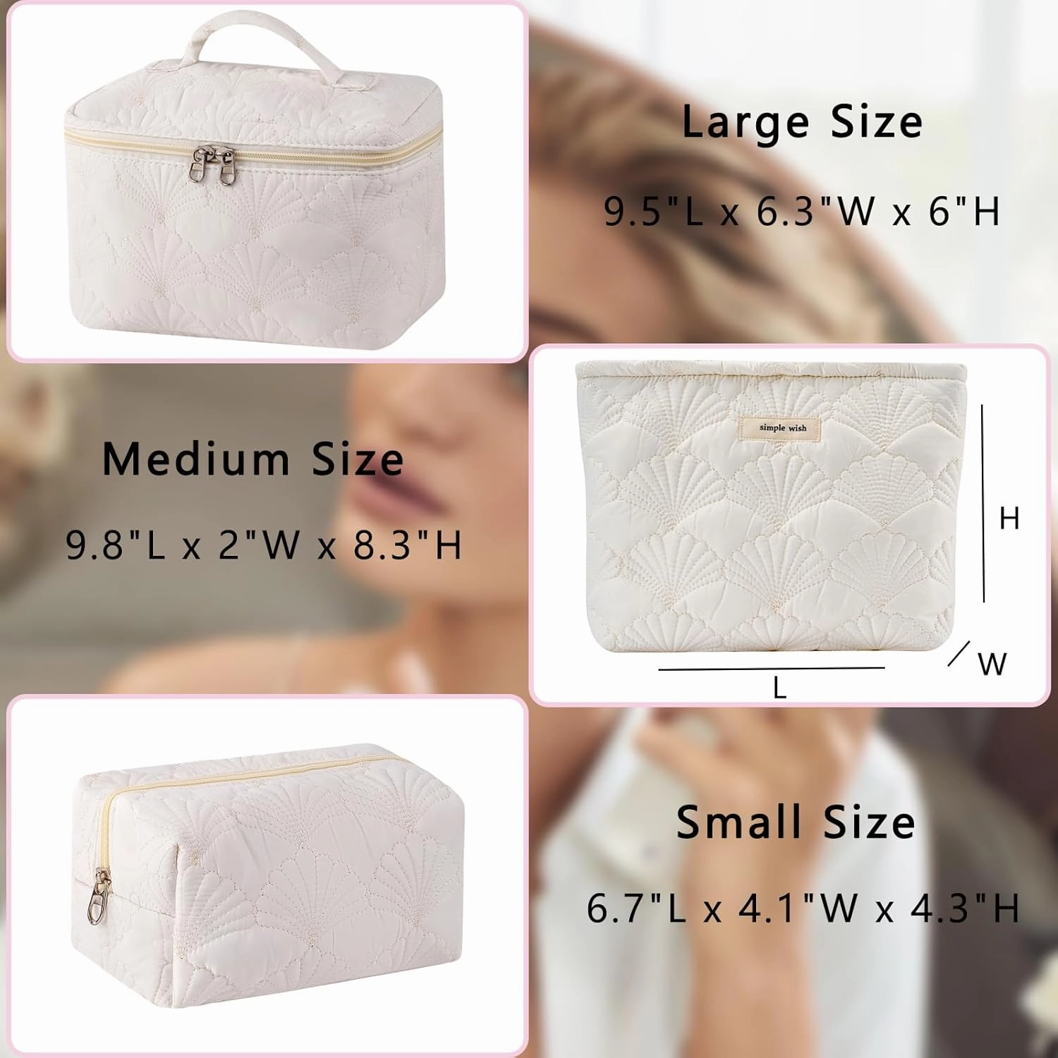 3Pcs Quilted Cotton Coquette Makeup bag, Coastal Granddaughter Aesthetic Cosmetic Bag, Cute Seashell Portable Travel Toiletry Pouch (08 3Pcs White)