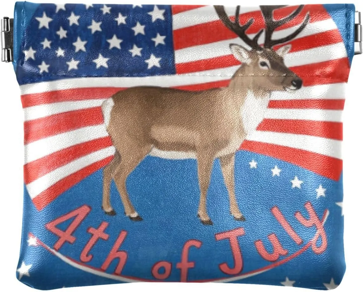 4th Of July Independence Day Brown Reindeer Women's Small Leather Change Purse Portable Pocket Purse Makeup Bag for Men Women Travel