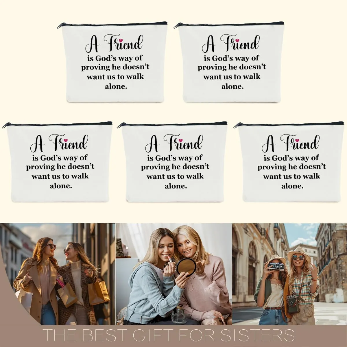 5 PCS Friendship Gifts for Women, Best Friend, Bestie, Sister, Female, Daughter - Graduation, Christmas, Birthday Cosmetic Bag Travel Toiletry Bag