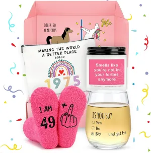 50th Birthday Gifts for Her Funny Happy 50th Birthday Decorations for Women 50 Year Old Gifts for Women 50 and Fabulous Gift for Woman Sister Mom Best Friend Wife - Wine Glass Makeup Bag Candle Socks