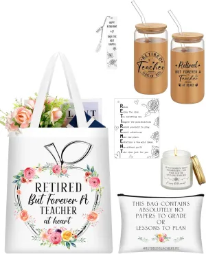 6 Pcs Teacher Retirement Gift Sets for Women Including Tote Bag Makeup Bag 16 oz Glass Tumbler Candle Bookmark Greetings Card Happy Retirement for Retired Teachers Coworker Friends Mom