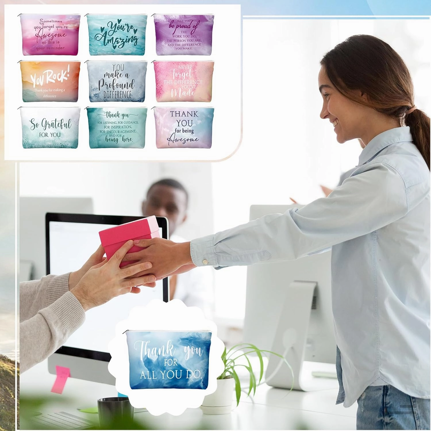 60 Pcs Employee Appreciation Gifts 30 Inspirational Canvas Makeup Bags 30 Compact Mirrors Bulk Cosmetic Bags Round Portable Pocket Mirror Thank You Gifts for Women (Appreciation)