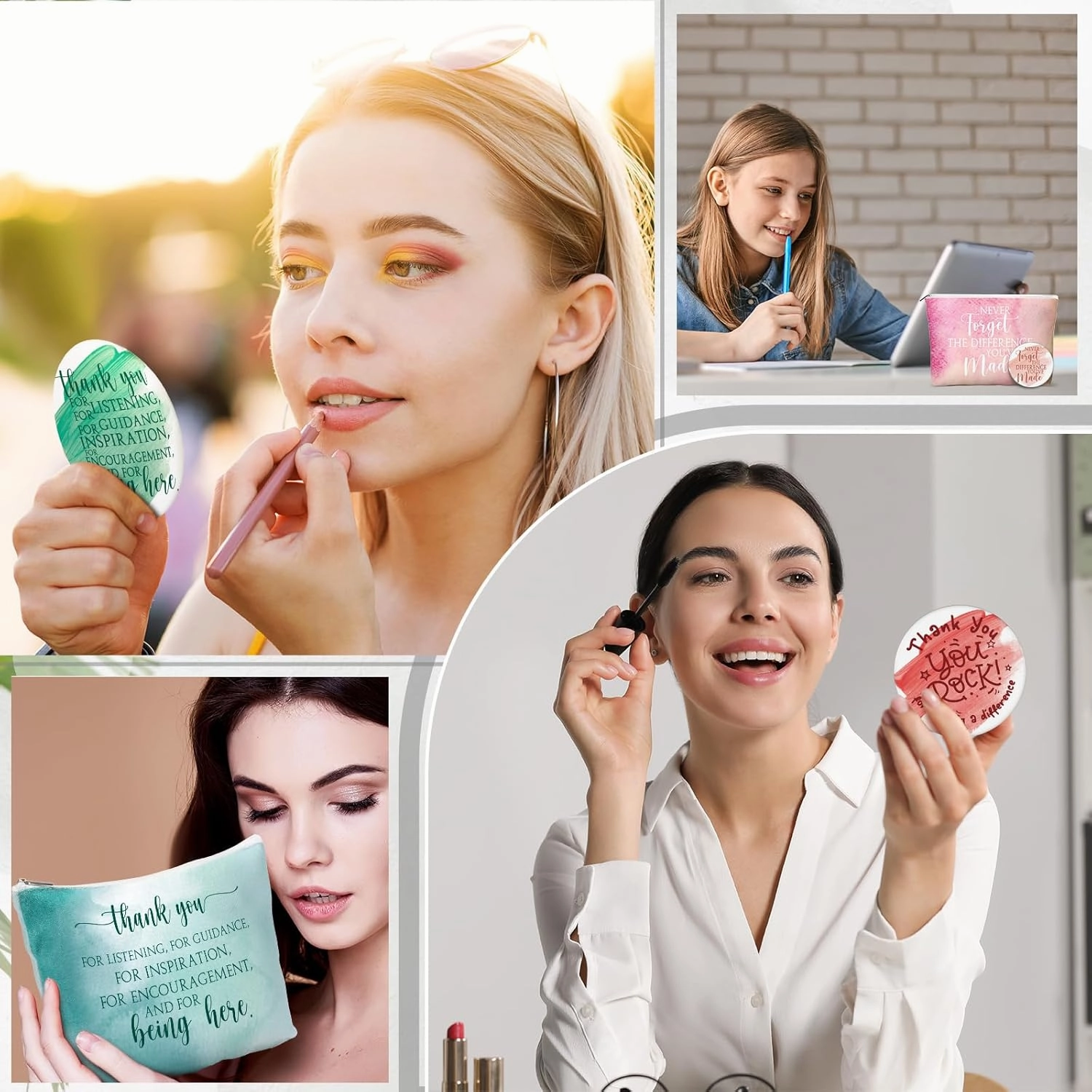 60 Pcs Employee Appreciation Gifts 30 Inspirational Canvas Makeup Bags 30 Compact Mirrors Bulk Cosmetic Bags Round Portable Pocket Mirror Thank You Gifts for Women (Appreciation)