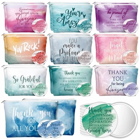 60 Pcs Employee Appreciation Gifts 30 Inspirational Canvas Makeup Bags 30 Compact Mirrors Bulk Cosmetic Bags Round Portable Pocket Mirror Thank You Gifts for Women (Appreciation)