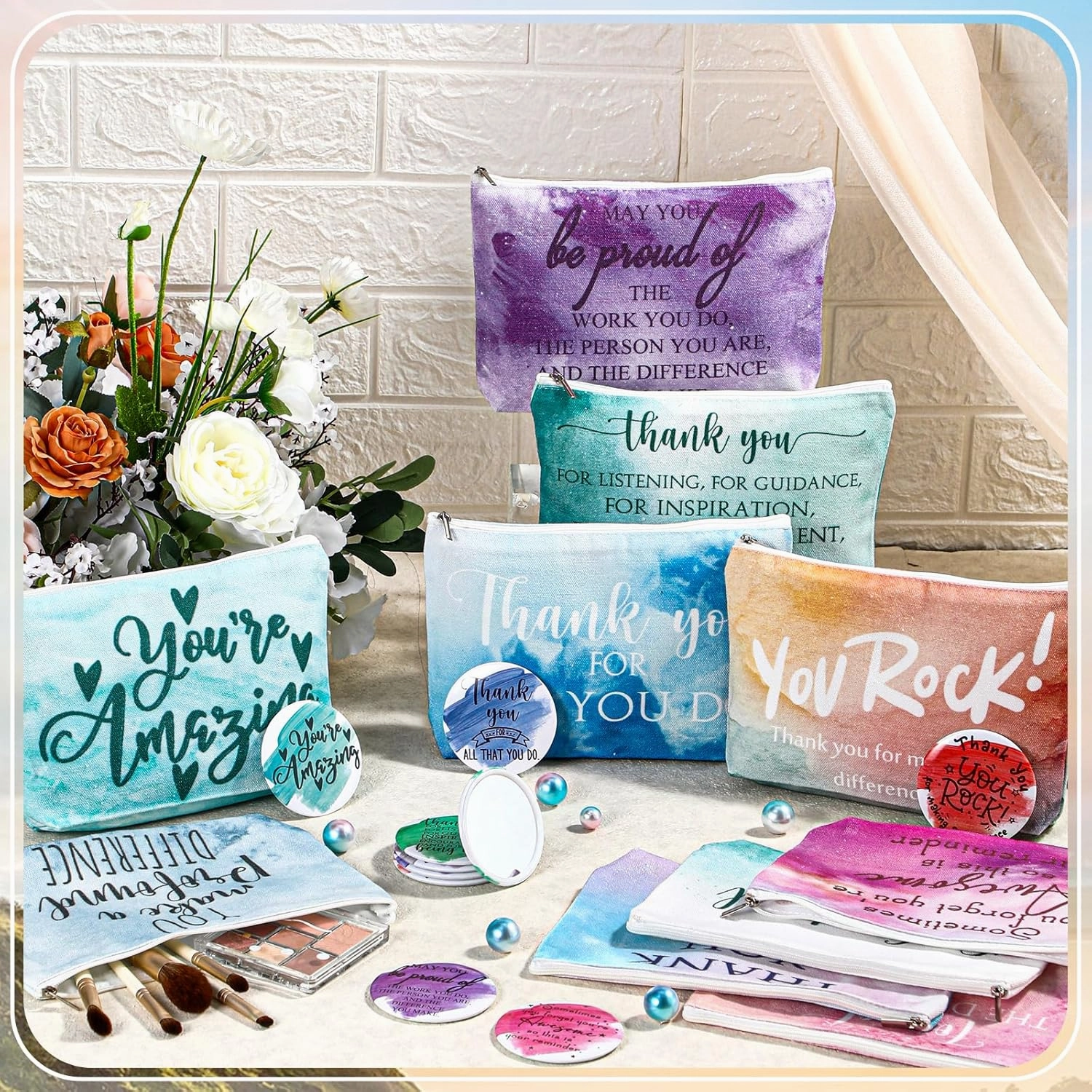60 Pcs Employee Appreciation Gifts 30 Inspirational Canvas Makeup Bags 30 Compact Mirrors Bulk Cosmetic Bags Round Portable Pocket Mirror Thank You Gifts for Women (Appreciation)