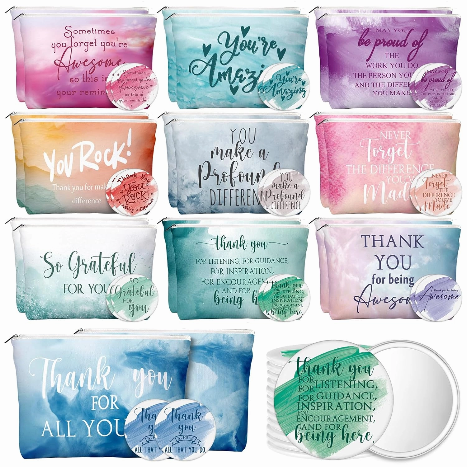 60 Pcs Employee Appreciation Gifts 30 Inspirational Canvas Makeup Bags 30 Compact Mirrors Bulk Cosmetic Bags Round Portable Pocket Mirror Thank You Gifts for Women (Appreciation)