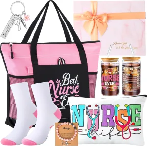 7 Pcs Nurse Gifts for Women Appreciation Gift Set Include Nurse Tote Bag Penlight Makeup Bag Socks Birthday Gifts Box for Nursing Graduation Appreciation Doctors Assistant Practitioner