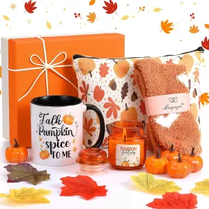 8 Pcs Fall Gift Box Sets Include Pumpkin Spice Latte Mug Scented Candle Socks Makeup Bag Hair Ties Mini Artificial Pumpkins with Maple Leaves Gift Box for Woman Fall Thanksgiving Autumn Holiday