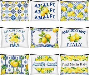 9 Pcs Amalfi Coast Cosmetic Bag Italy Lemons Canvas Makeup Bags Romantic Lemon Themed Travel Pouch Souvenir Gift for Women Girls Bachelorette Friend Birthday