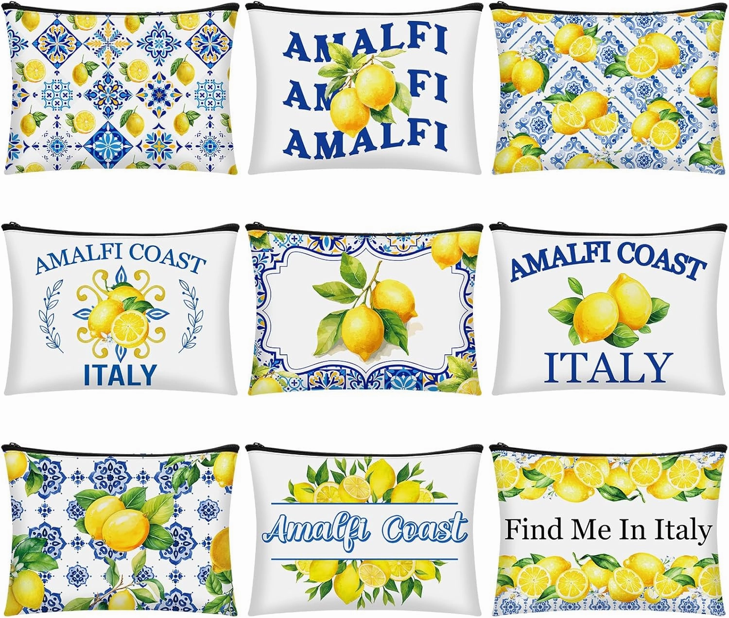 9 Pcs Amalfi Coast Cosmetic Bag Italy Lemons Canvas Makeup Bags Romantic Lemon Themed Travel Pouch Souvenir Gift for Women Girls Bachelorette Friend Birthday