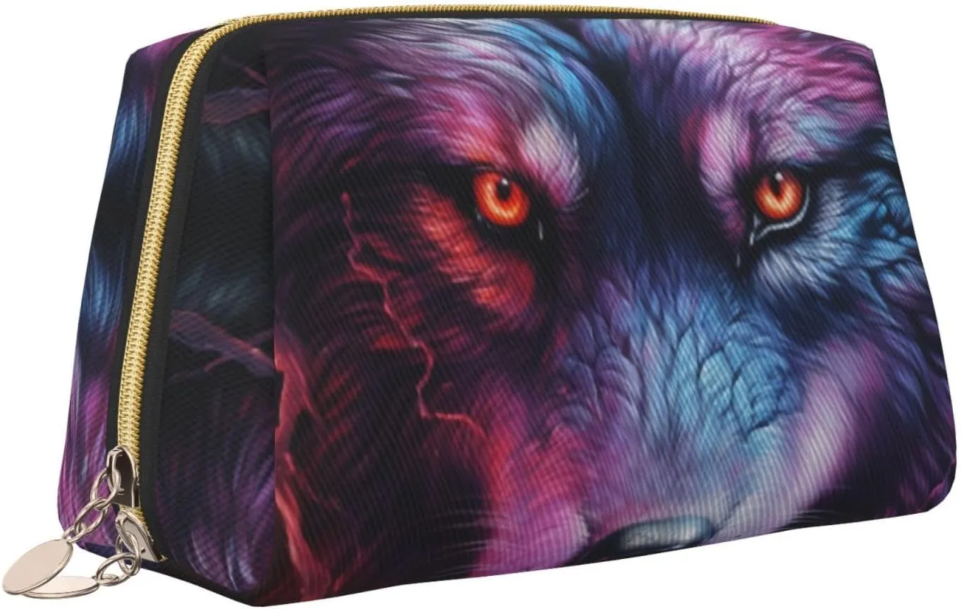 A Blue And Red Wolfmakeup Bag Organizer,Toiletry Cosmetic Bag,Zipper Pouch Brushes Storage Case(Large), CMC-11878