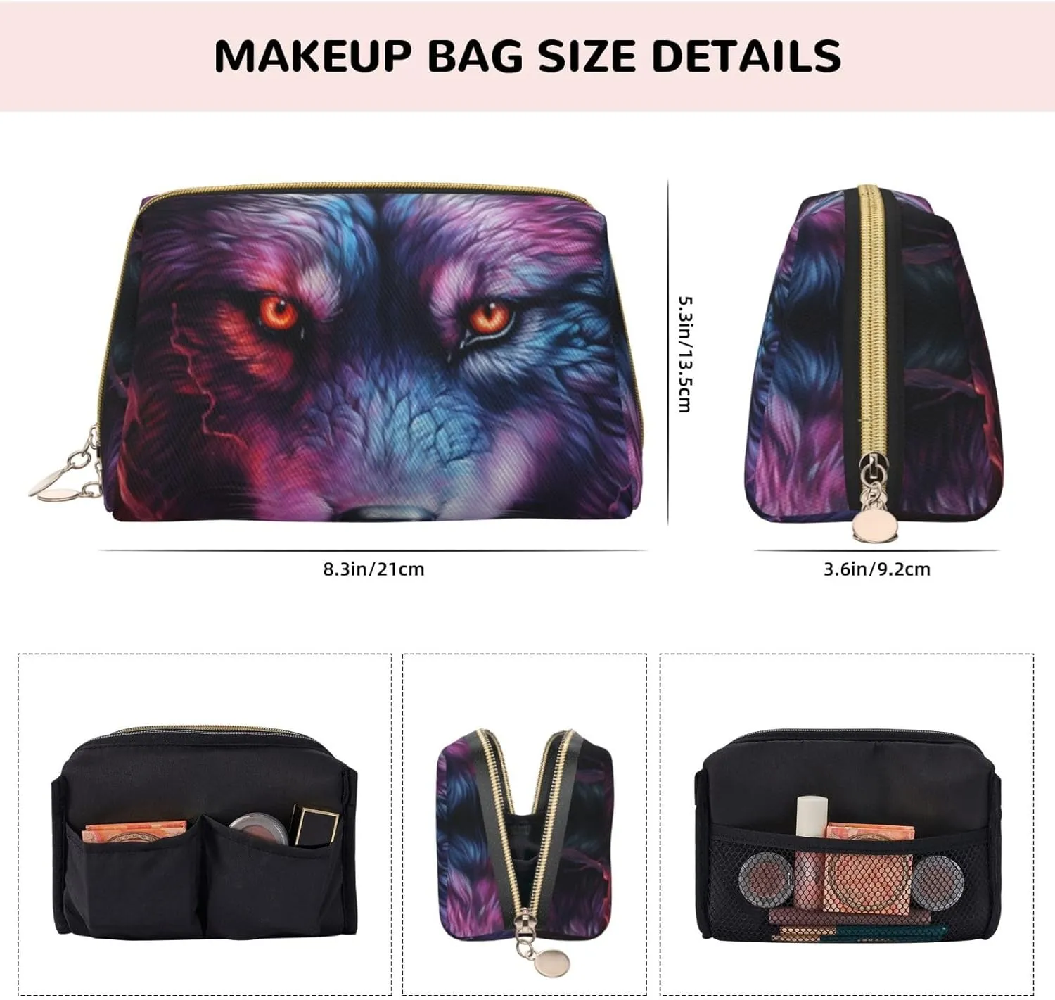 A Blue And Red Wolfmakeup Bag Organizer,Toiletry Cosmetic Bag,Zipper Pouch Brushes Storage Case(Large), CMC-11878
