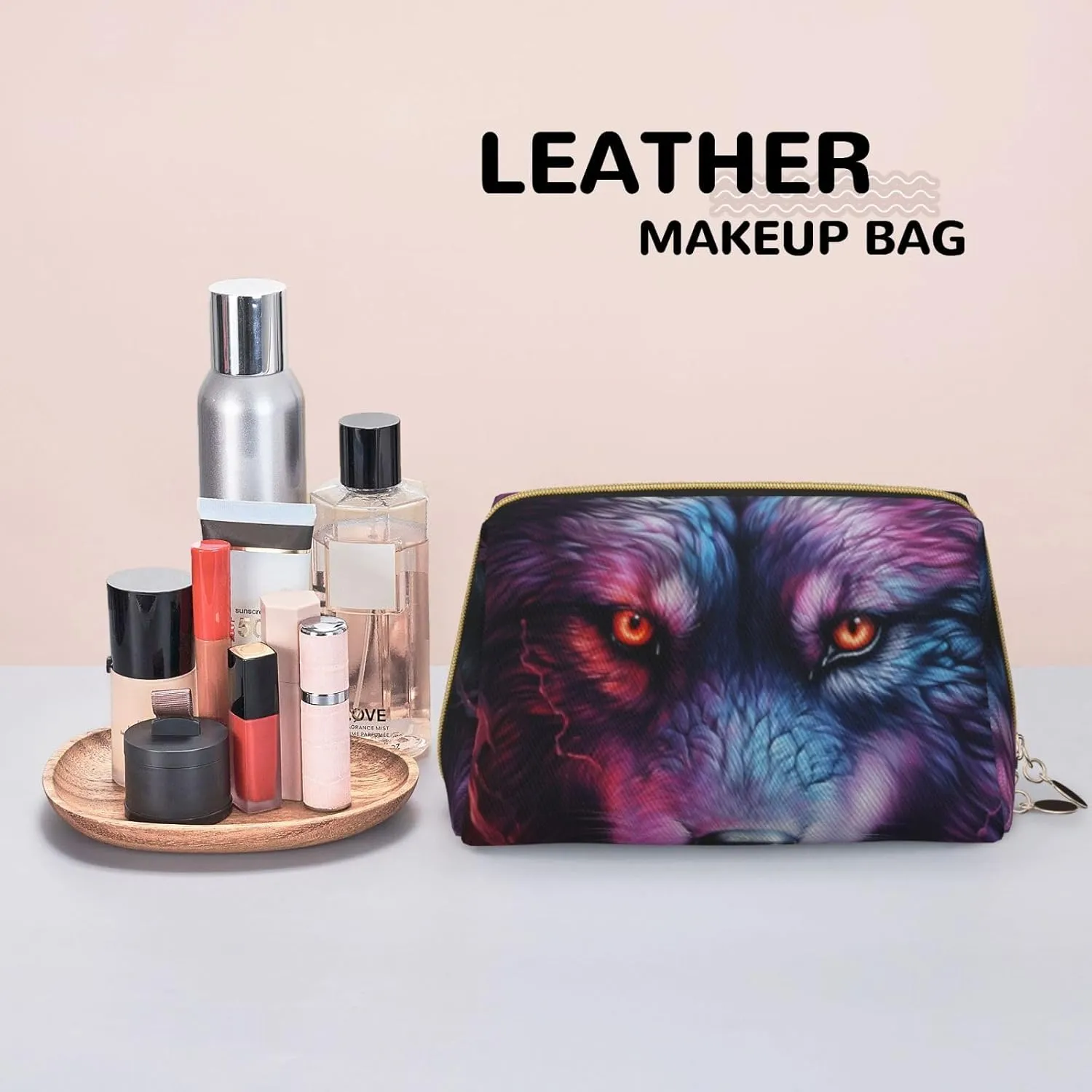 A Blue And Red Wolfmakeup Bag Organizer,Toiletry Cosmetic Bag,Zipper Pouch Brushes Storage Case(Large), CMC-11878