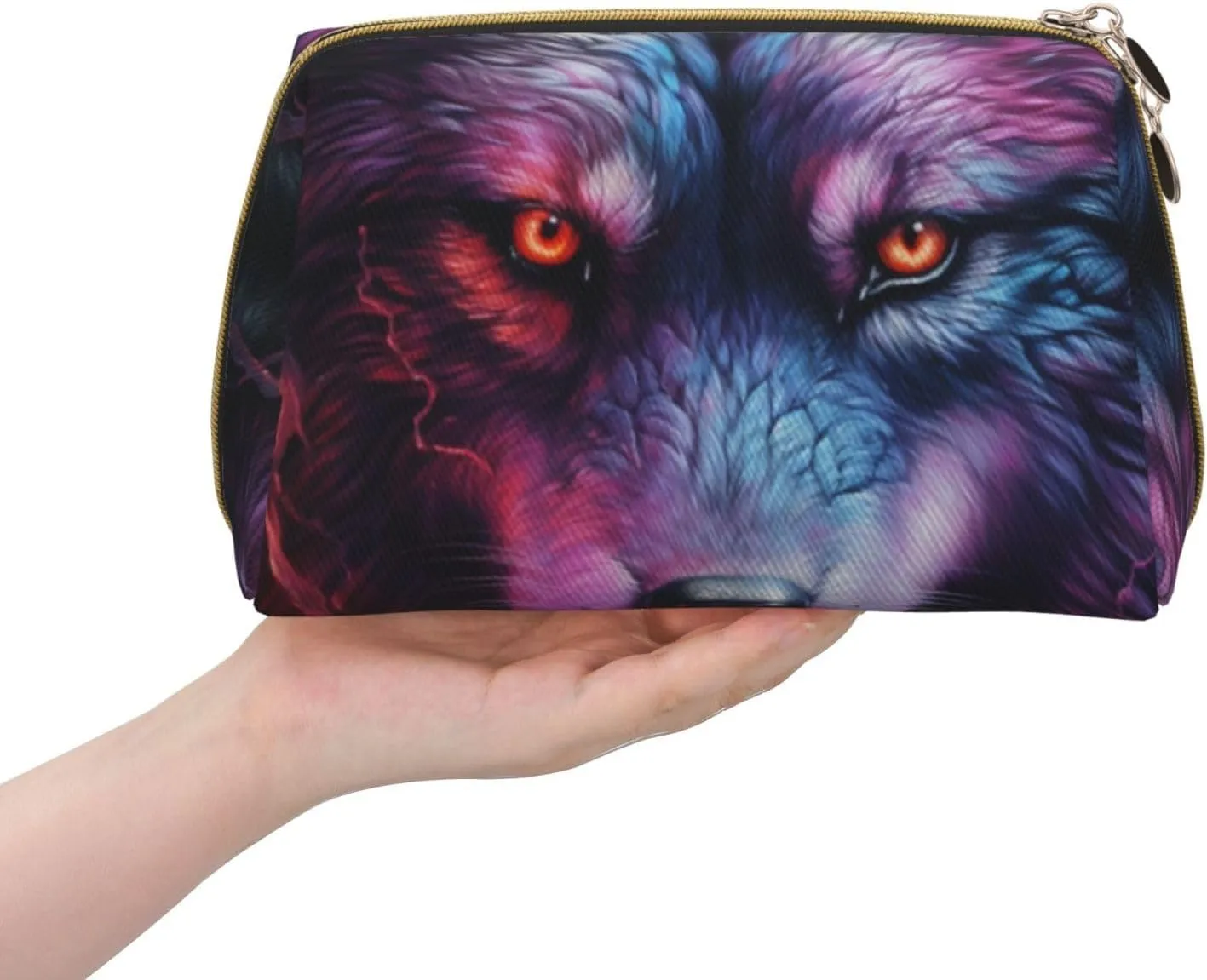 A Blue And Red Wolfmakeup Bag Organizer,Toiletry Cosmetic Bag,Zipper Pouch Brushes Storage Case(Large), CMC-11878