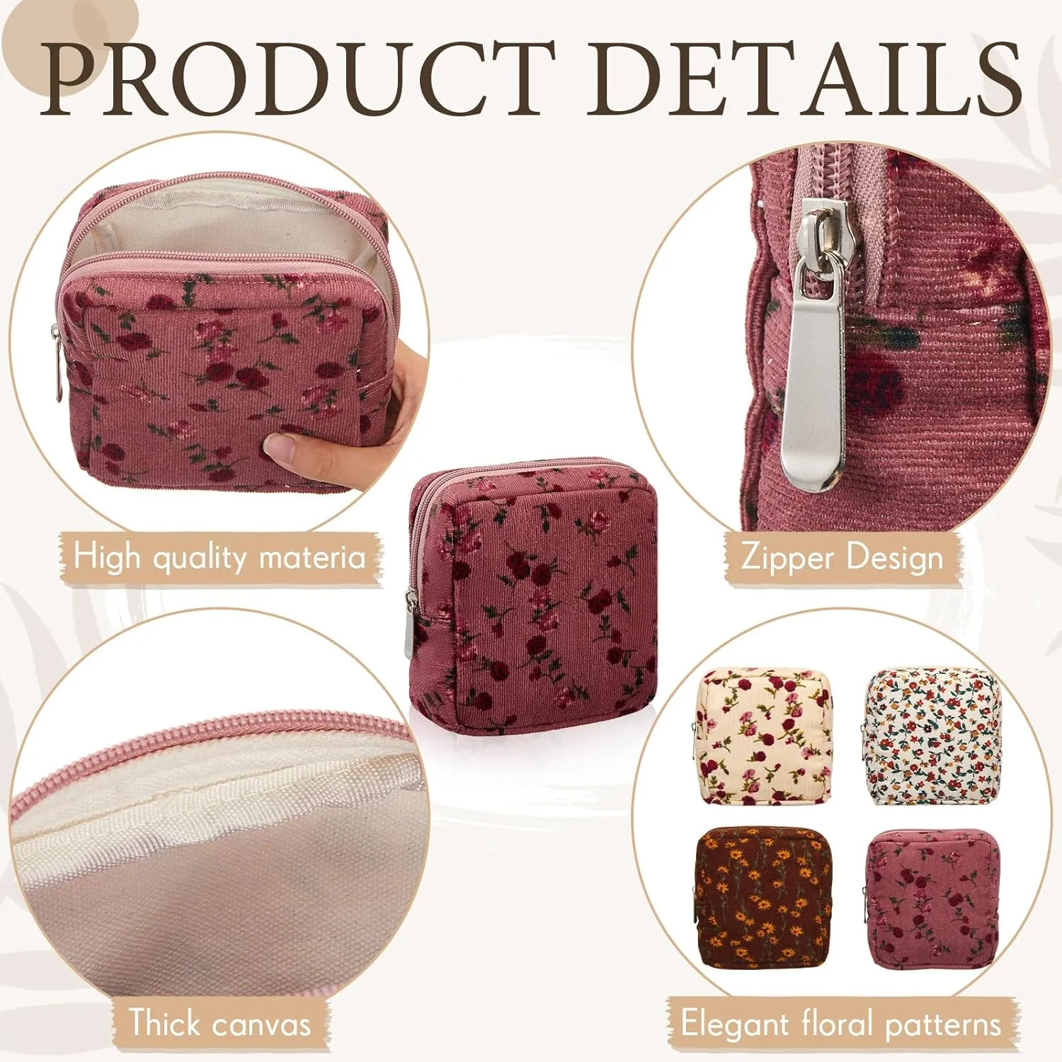 Abbylike 4 Pcs Floral Makeup Bag Cosmetic Bag with Zipper Portable Small Pouches for Purse Toiletry Mini Pouch Cute Mini Makeup Purse for Coin Essentials Items Women (Retro)
