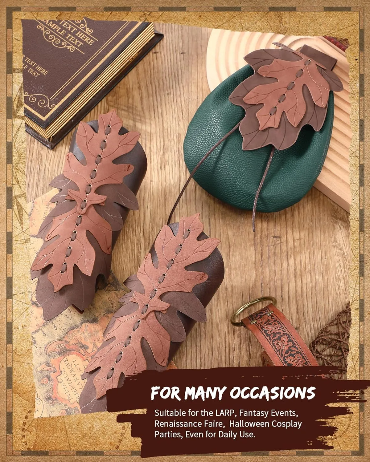 Abbylike Women Renaissance Accessories Medieval Viking Belt Renaissance Leaf Belt Bag Leather Bracers for Ren Faire Costume