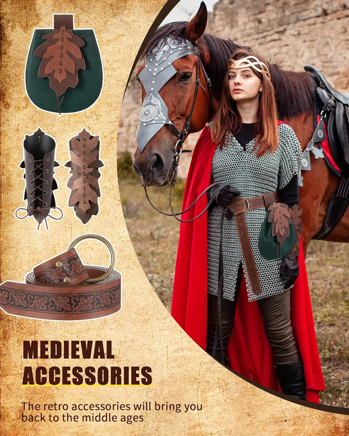 Abbylike Women Renaissance Accessories Medieval Viking Belt Renaissance Leaf Belt Bag Leather Bracers for Ren Faire Costume