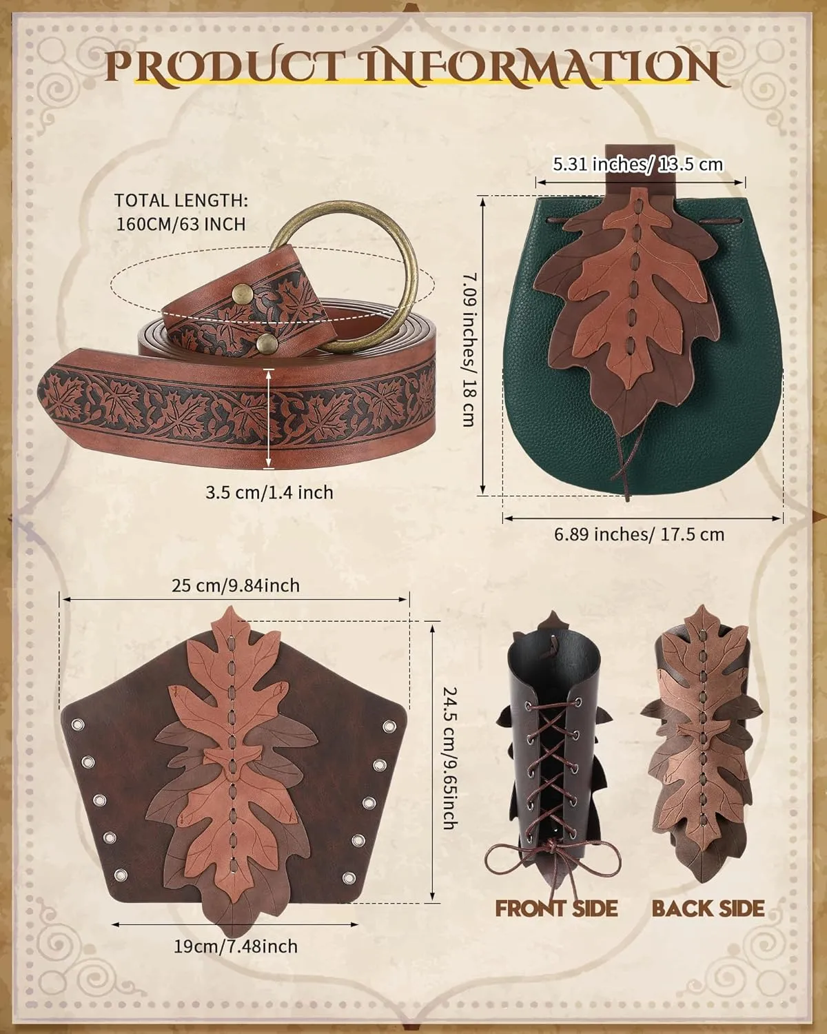 Abbylike Women Renaissance Accessories Medieval Viking Belt Renaissance Leaf Belt Bag Leather Bracers for Ren Faire Costume