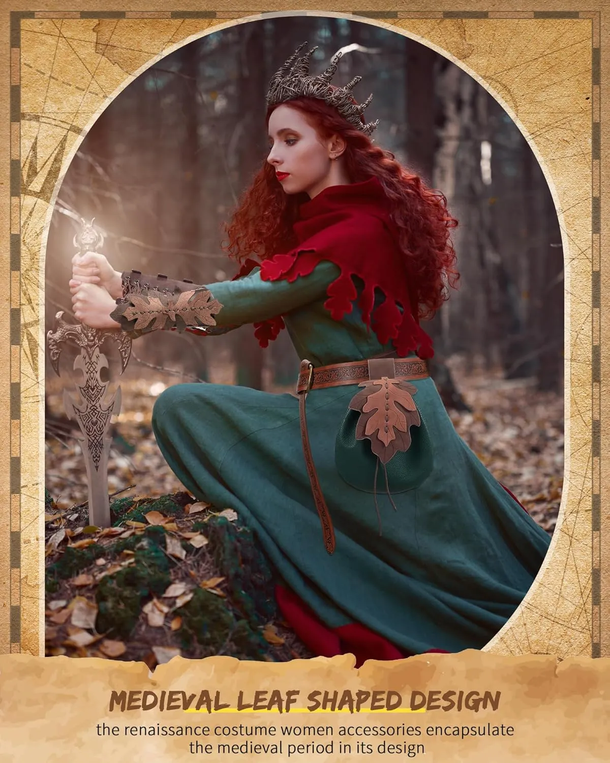 Abbylike Women Renaissance Accessories Medieval Viking Belt Renaissance Leaf Belt Bag Leather Bracers for Ren Faire Costume