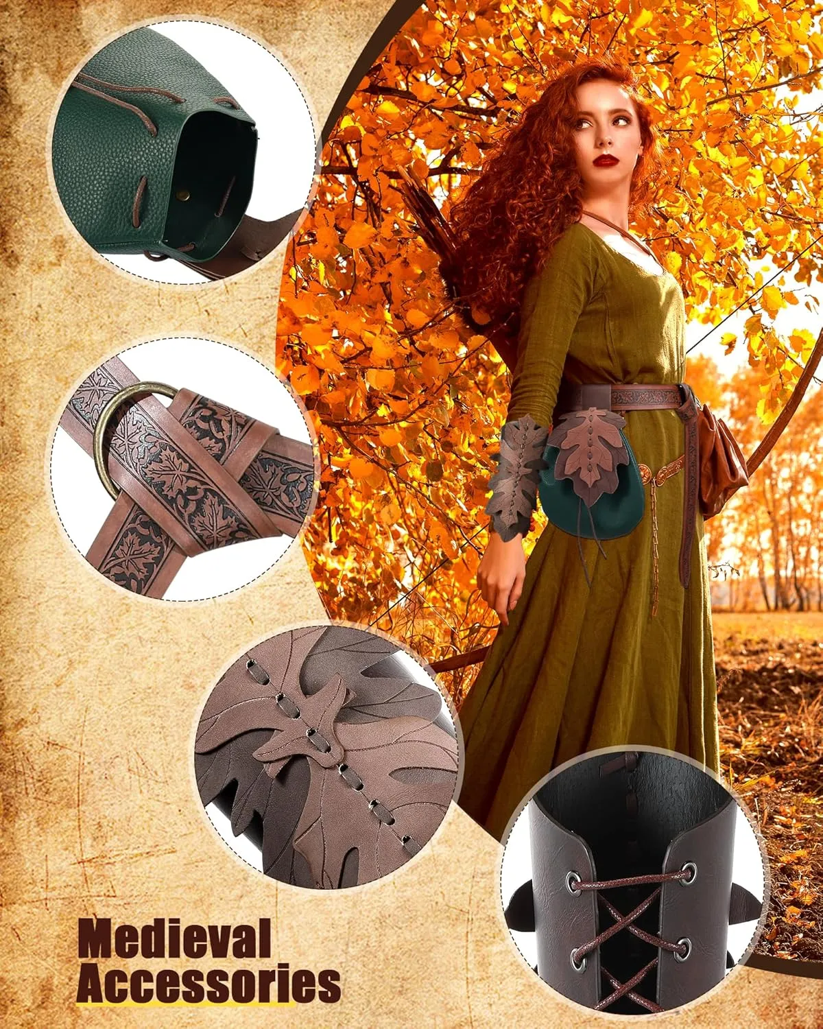 Abbylike Women Renaissance Accessories Medieval Viking Belt Renaissance Leaf Belt Bag Leather Bracers for Ren Faire Costume