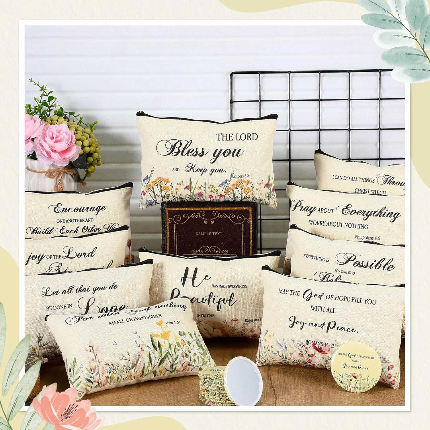 Abbylike 40 Pcs Christian Gift for Women Include 20 Bible Verse Makeup Bags 20 Christian Compact Mirrors Inspirational Religious Scripture Gift for Mom Sister Birthday Graduation (Elegant Style)