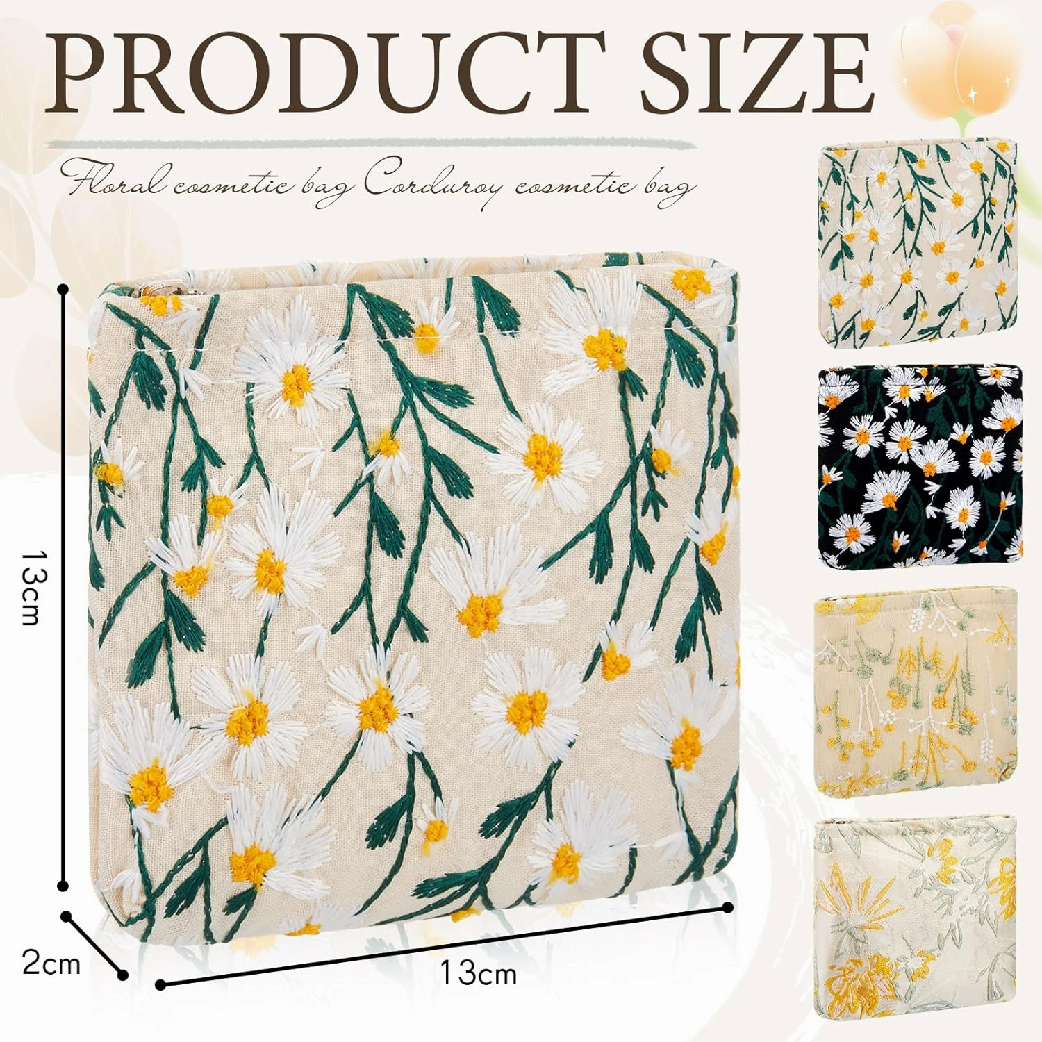 Abbylike 4 Pcs Floral Makeup Bag Corduroy Cosmetic Bag with Zipper Portable Small Pouches for Purse Toiletry Mini Pouch Cute Mini Makeup Purse for Coin Essentials Items Women(Embroidery)