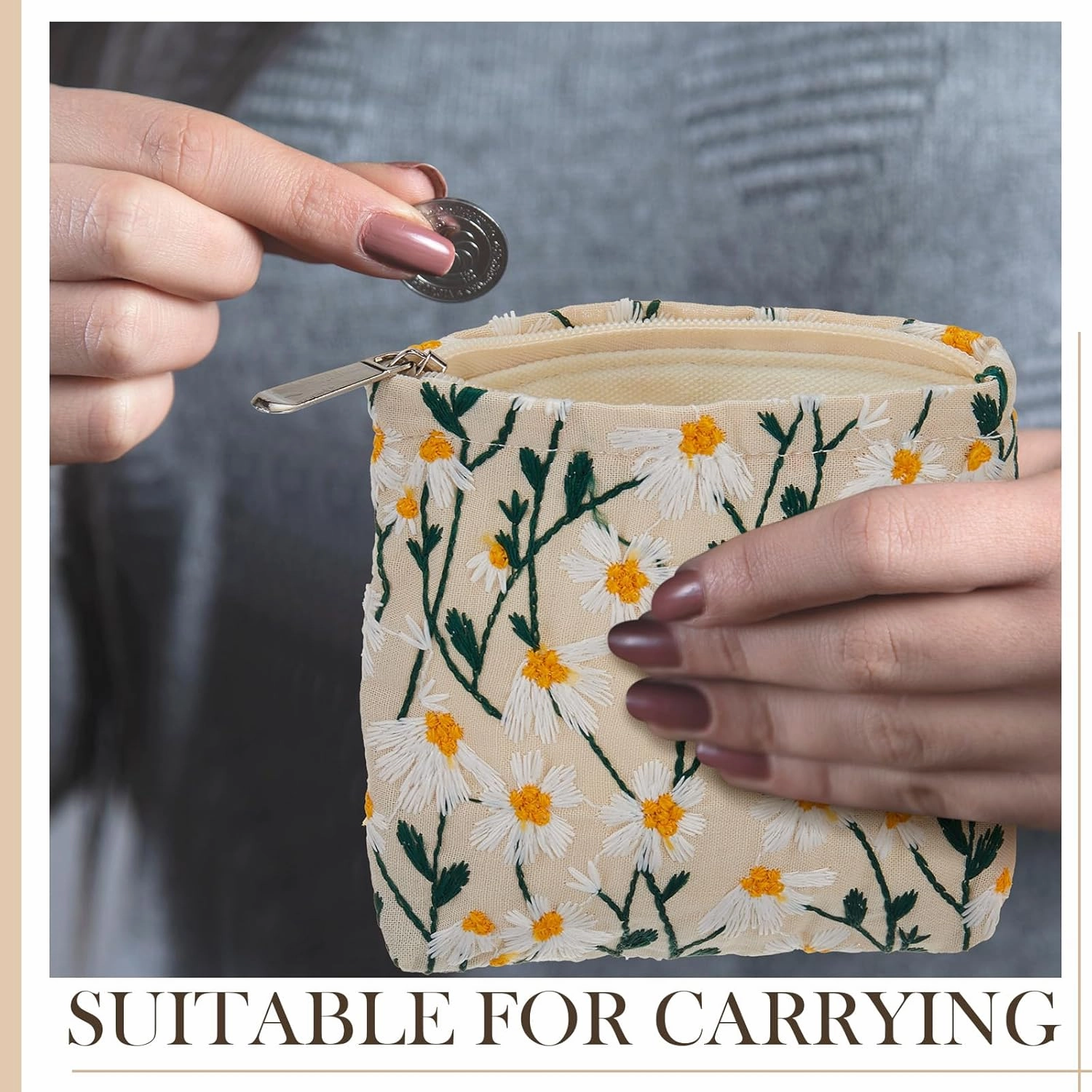 Abbylike 4 Pcs Floral Makeup Bag Corduroy Cosmetic Bag with Zipper Portable Small Pouches for Purse Toiletry Mini Pouch Cute Mini Makeup Purse for Coin Essentials Items Women(Embroidery)