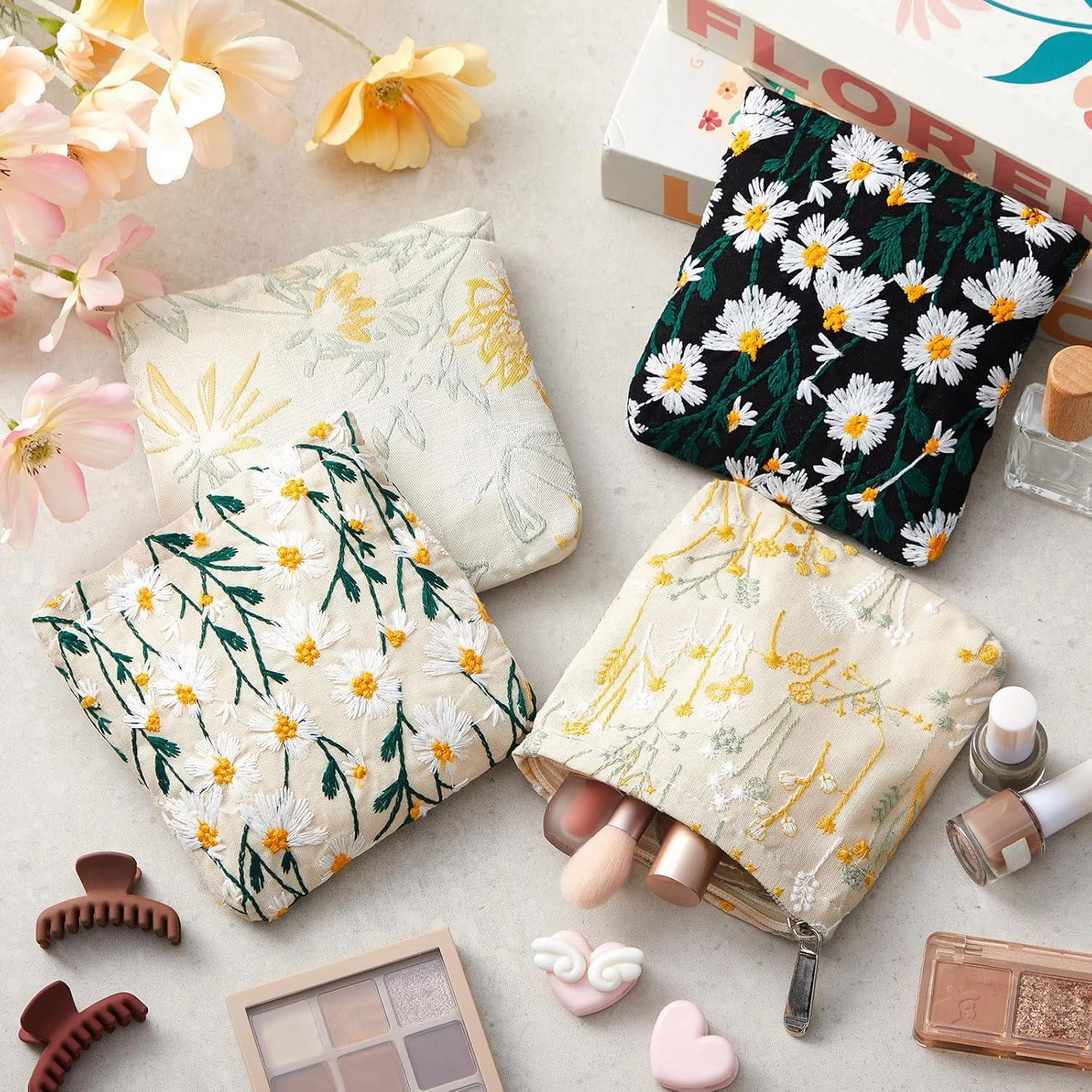 Abbylike 4 Pcs Floral Makeup Bag Corduroy Cosmetic Bag with Zipper Portable Small Pouches for Purse Toiletry Mini Pouch Cute Mini Makeup Purse for Coin Essentials Items Women(Embroidery)