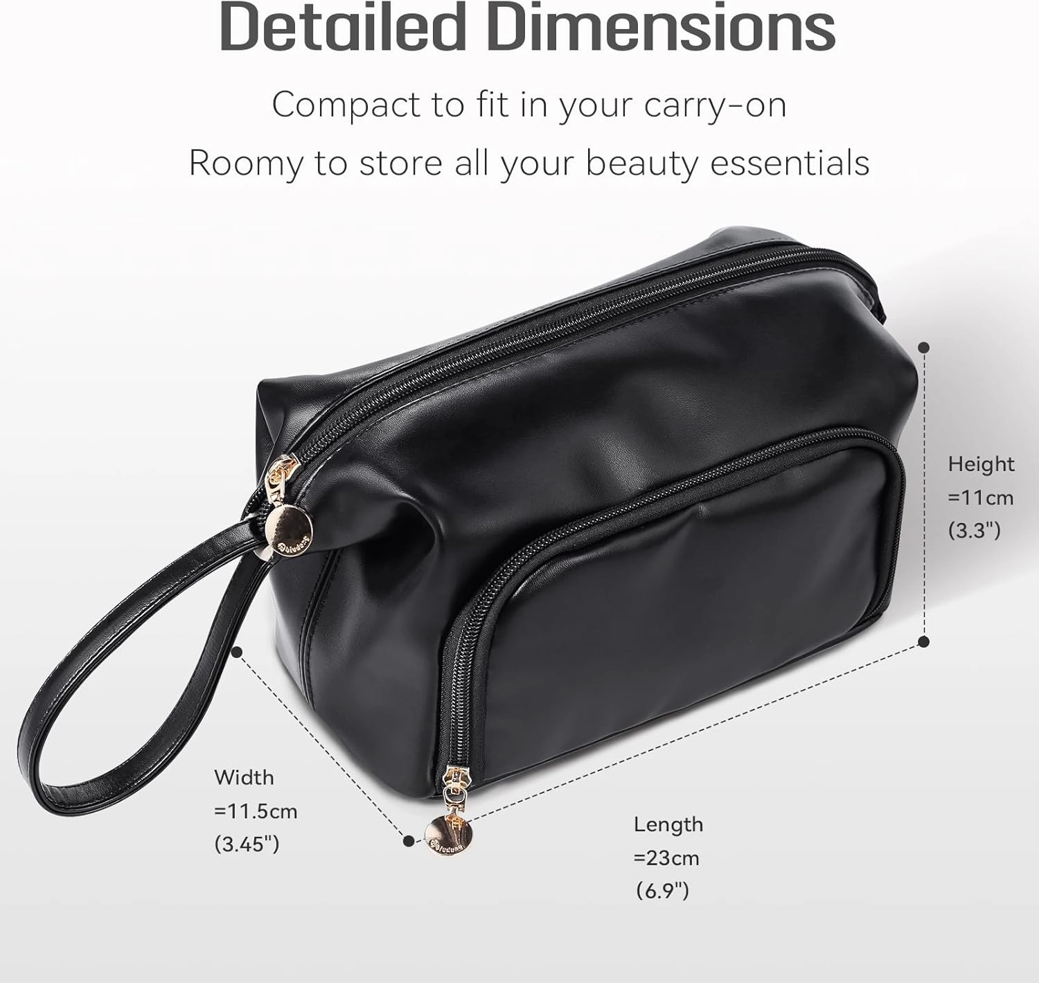 Abiudeng Makeup Bag for women,Toiletry Travel Makeup Bags Pouch with Brush Compartments, Large Portable Cosmetic Bag with Handle,Wide Open Cute Bag,PU Water-Resistant Makeup Bag-Black